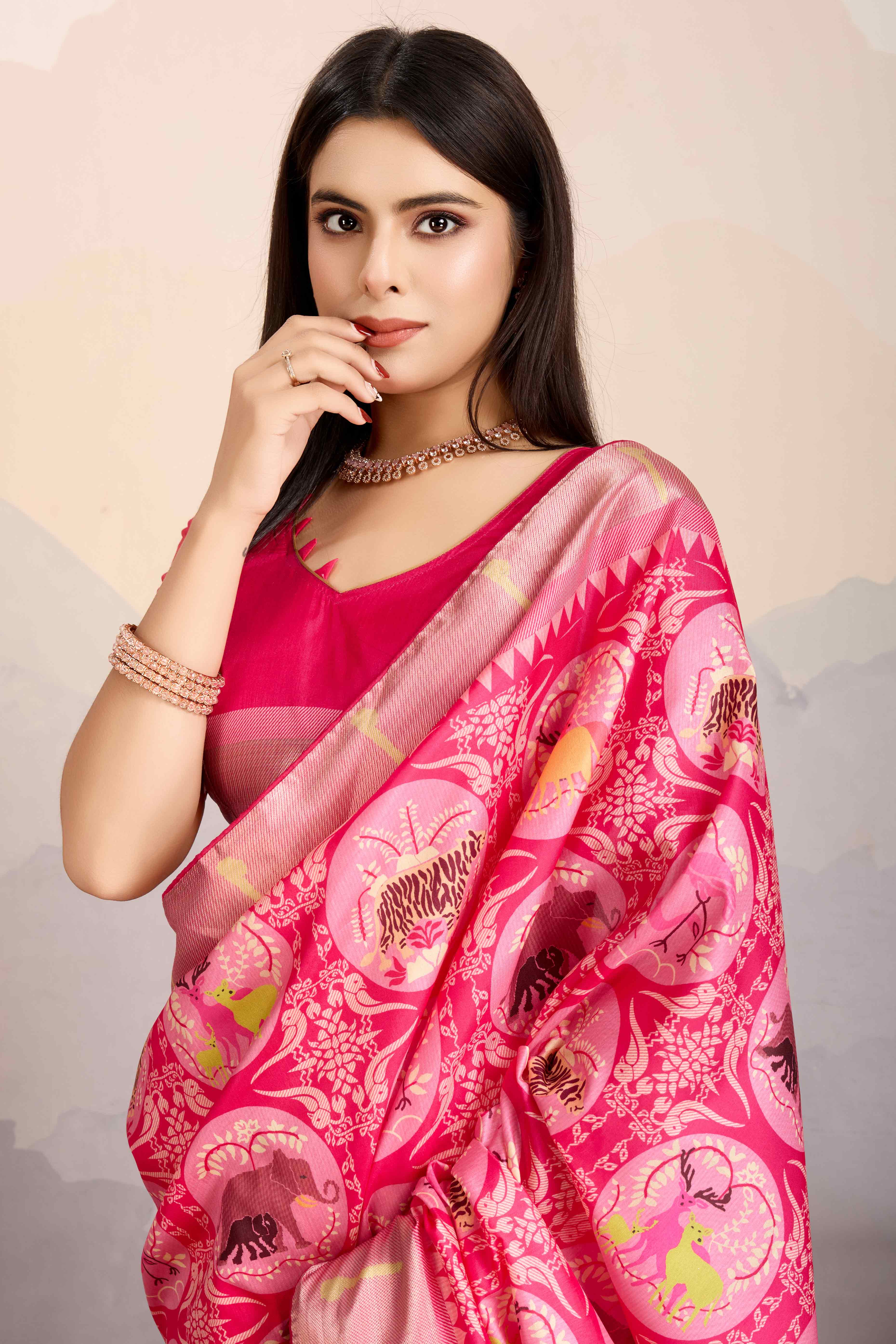 Pink Digital Printed Dola Silk Saree With Exquisite Weaving Zari Border & Opulent Pallu - Image 5