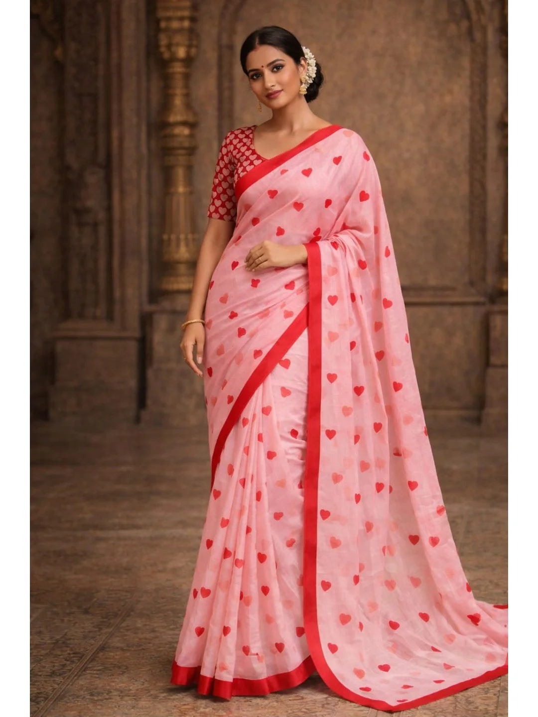 Pink Digital Printed Linen Saree with Pink Heart Motifs