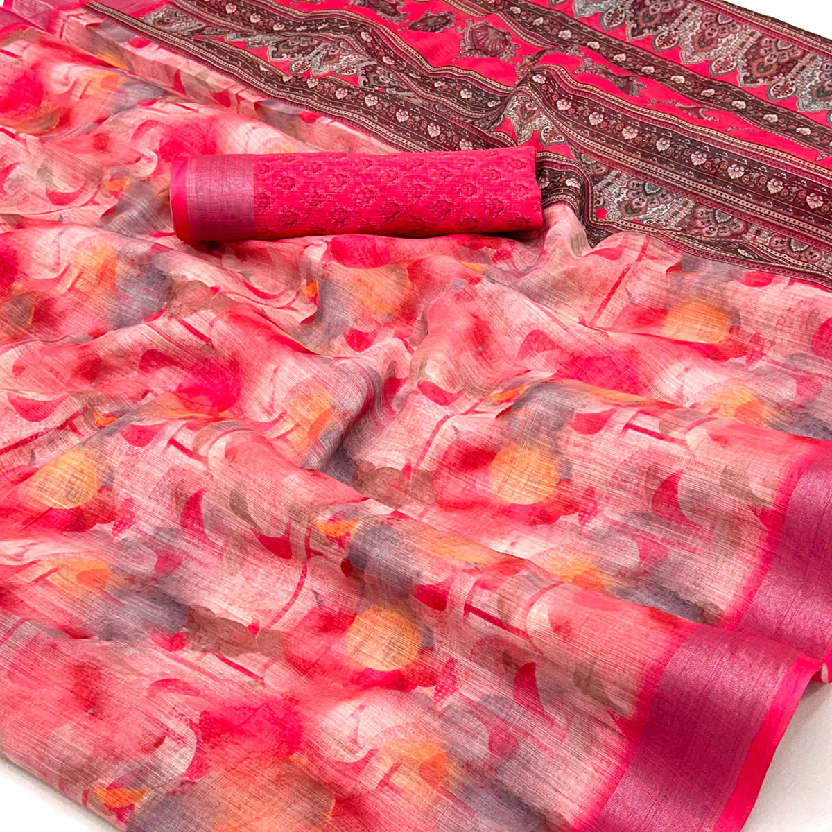 Pink Digital Printed Linen Saree With Woven Border - Image 2