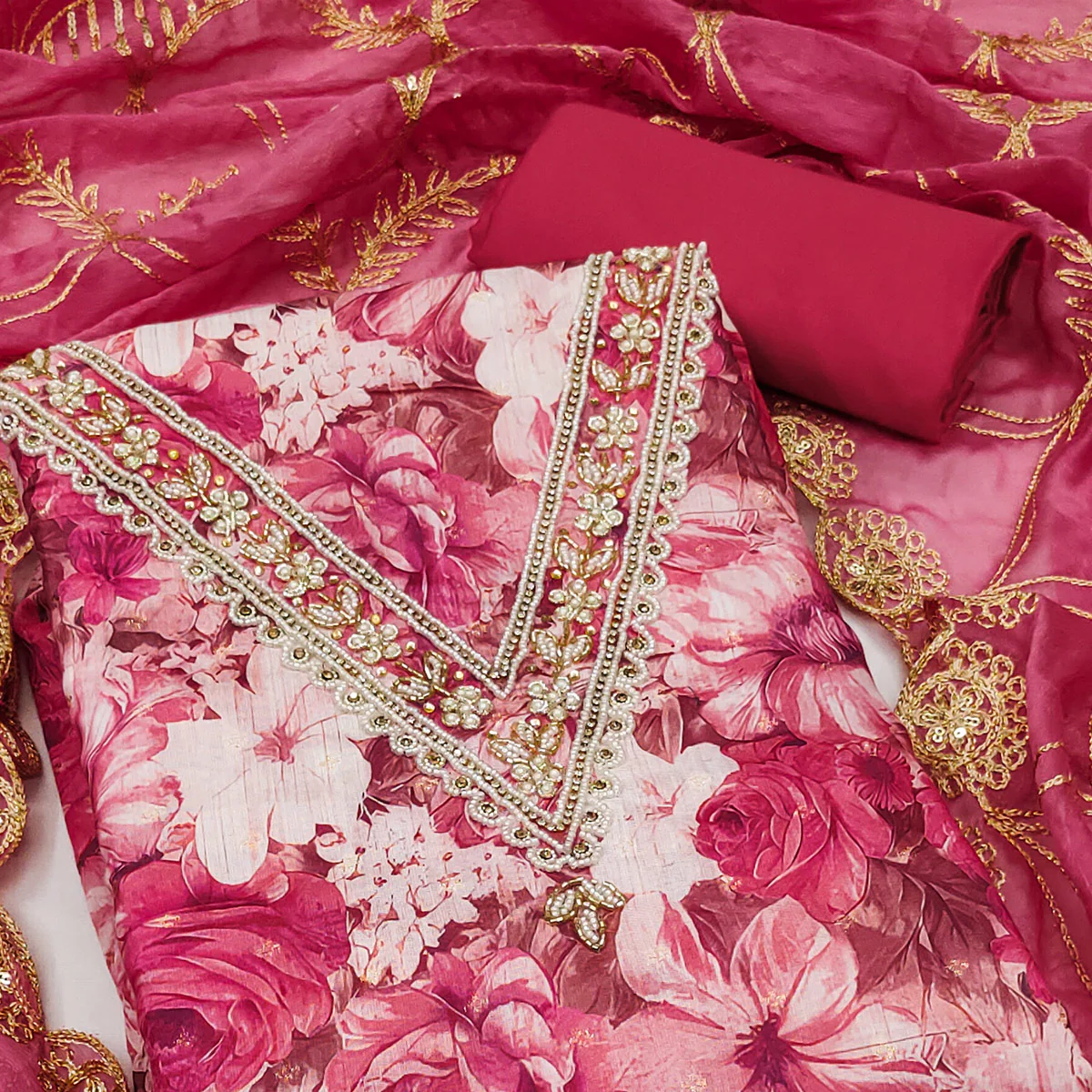 Pink Digital Printed With Handwork Viscose Banarasi Dress Material - Image 2