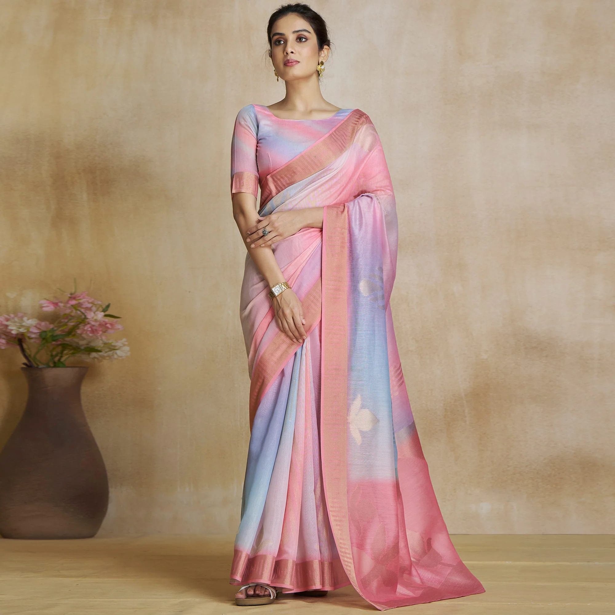 Pink Digital Printed With Woven Pure Silk Ombre Saree - Image 2