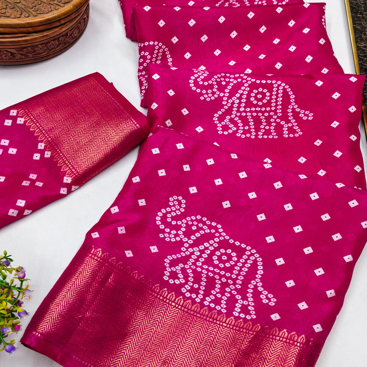 Pink Dola Silk Saree Featuring Traditional Bandhani Print & Elegant Weaving Border - Image 2