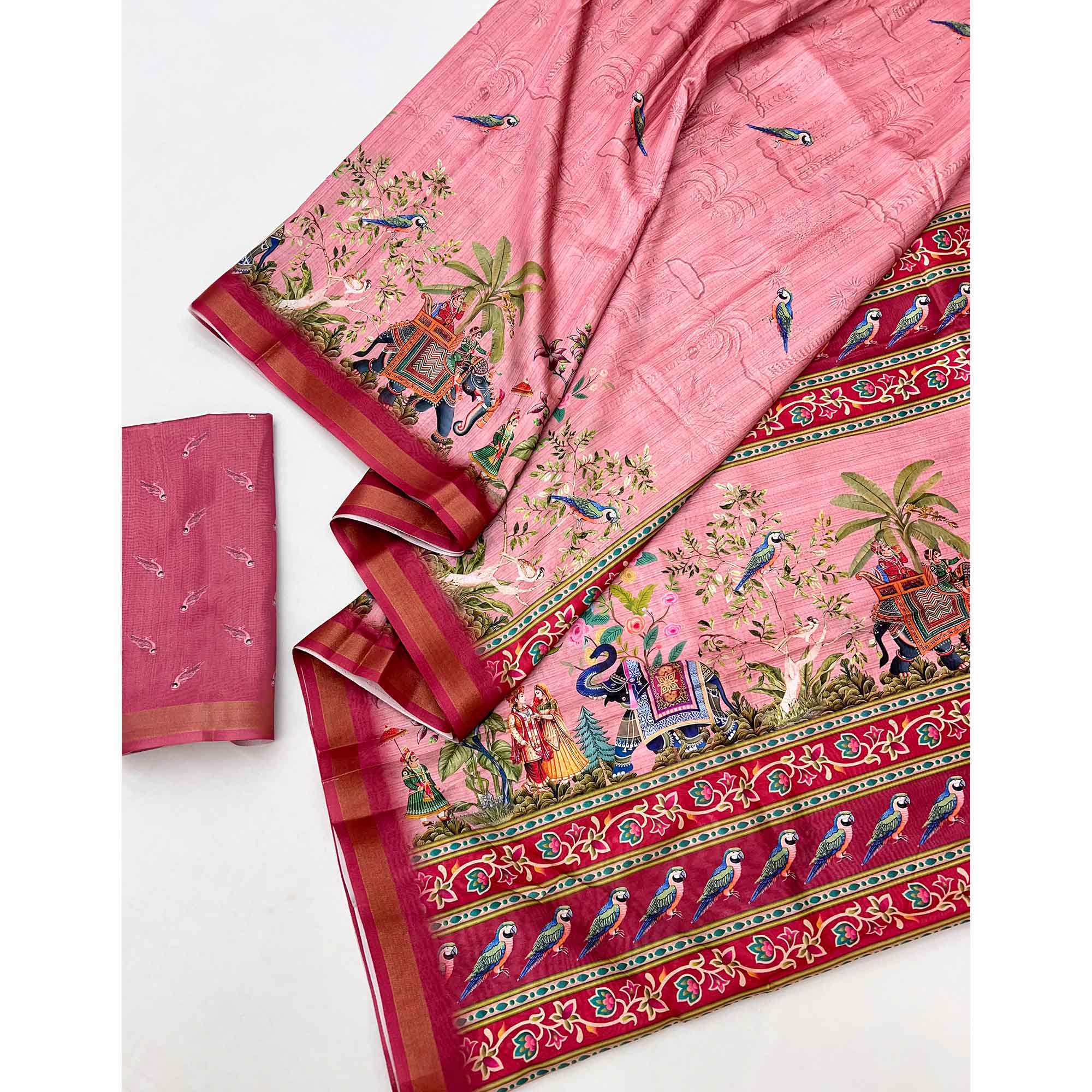 Pink Dola Silk Saree With Majestic Elephant & Vibrant Peacock Digital Prints - Image 3