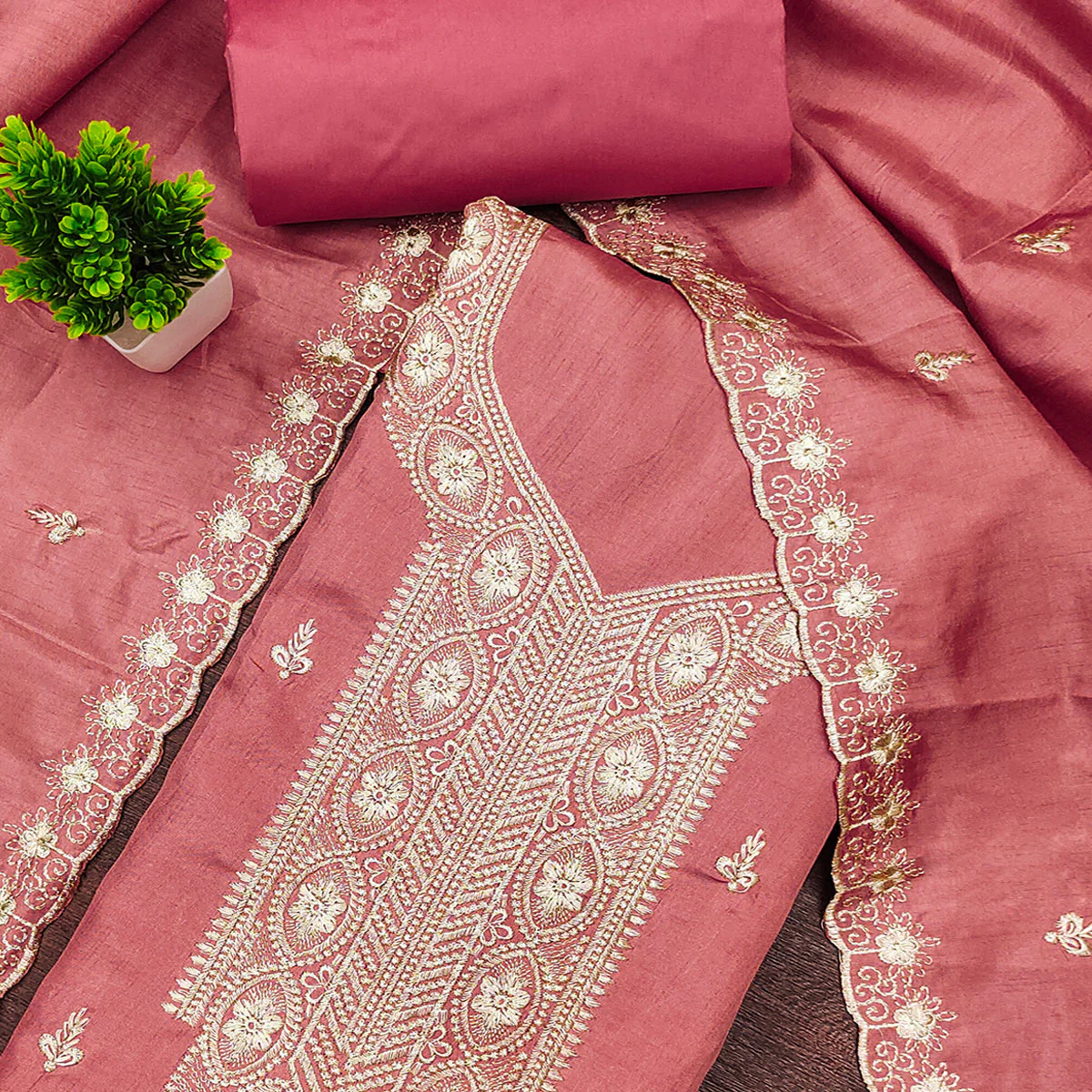 Pink Dress Material In Cotton Blend Featuring Exquisite Floral Embroidery - Image 2