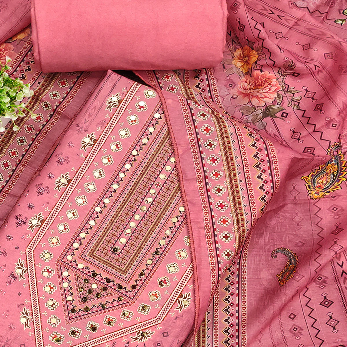 Pink Dress Material in Muslin with Delicate Mirror Highlights - Image 2
