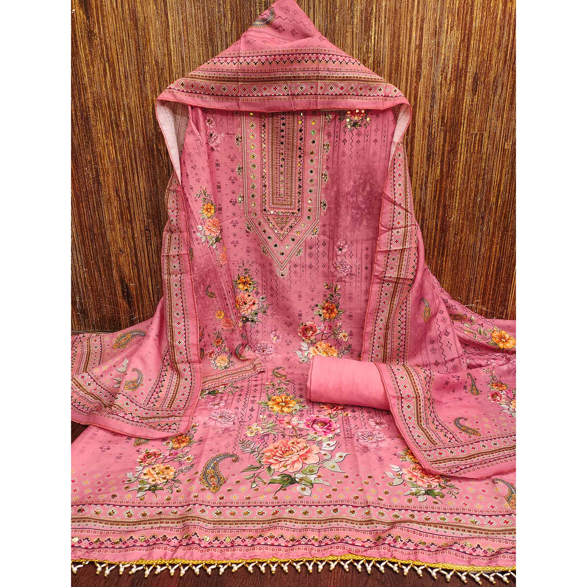 Pink Dress Material in Muslin with Delicate Mirror Highlights - Image 3