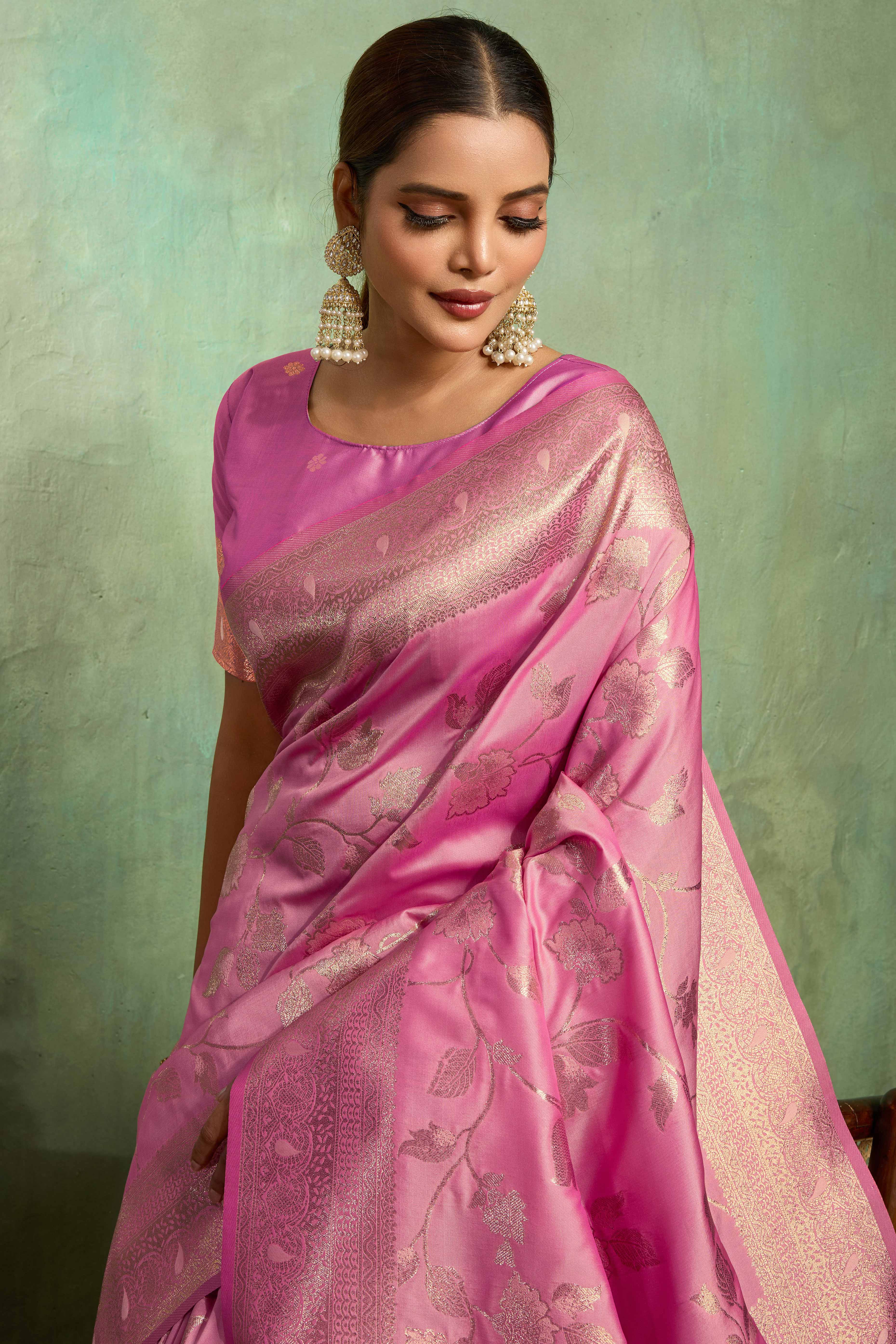 Pink Dual Tone Banarasi Silk Saree Accented with Meenakari Weaves - Image 5