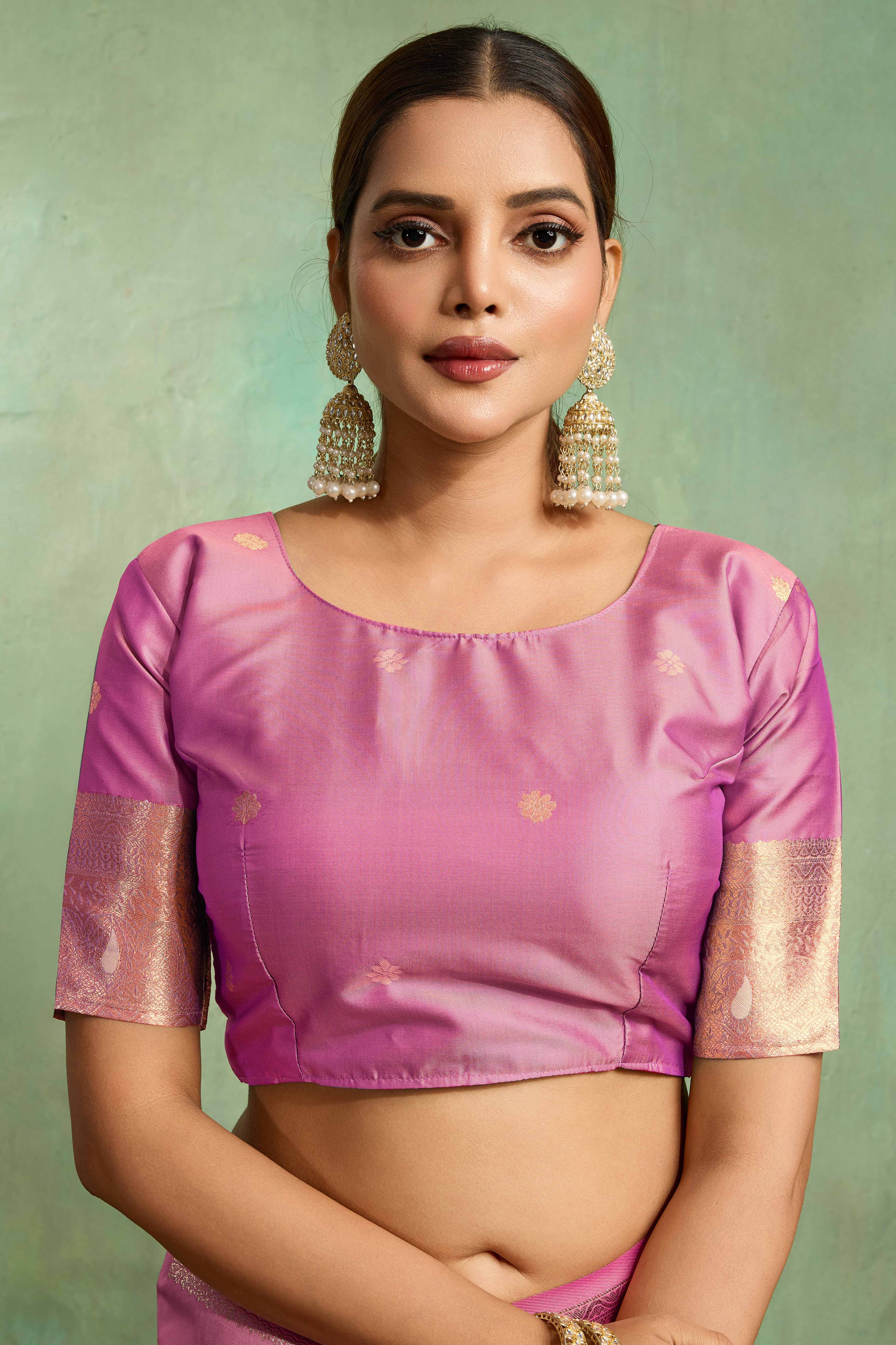 Pink Dual Tone Banarasi Silk Saree Accented with Meenakari Weaves - Image 6