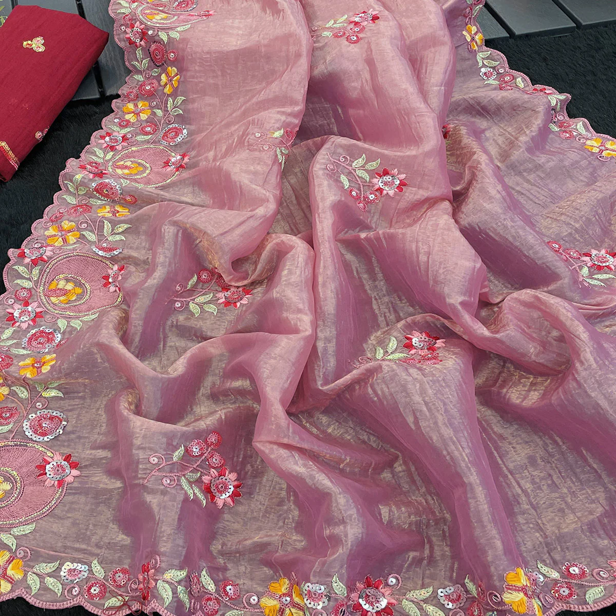 Pink Elegance Cotton Silk Saree with Floral Sequins Embroidery - Image 3