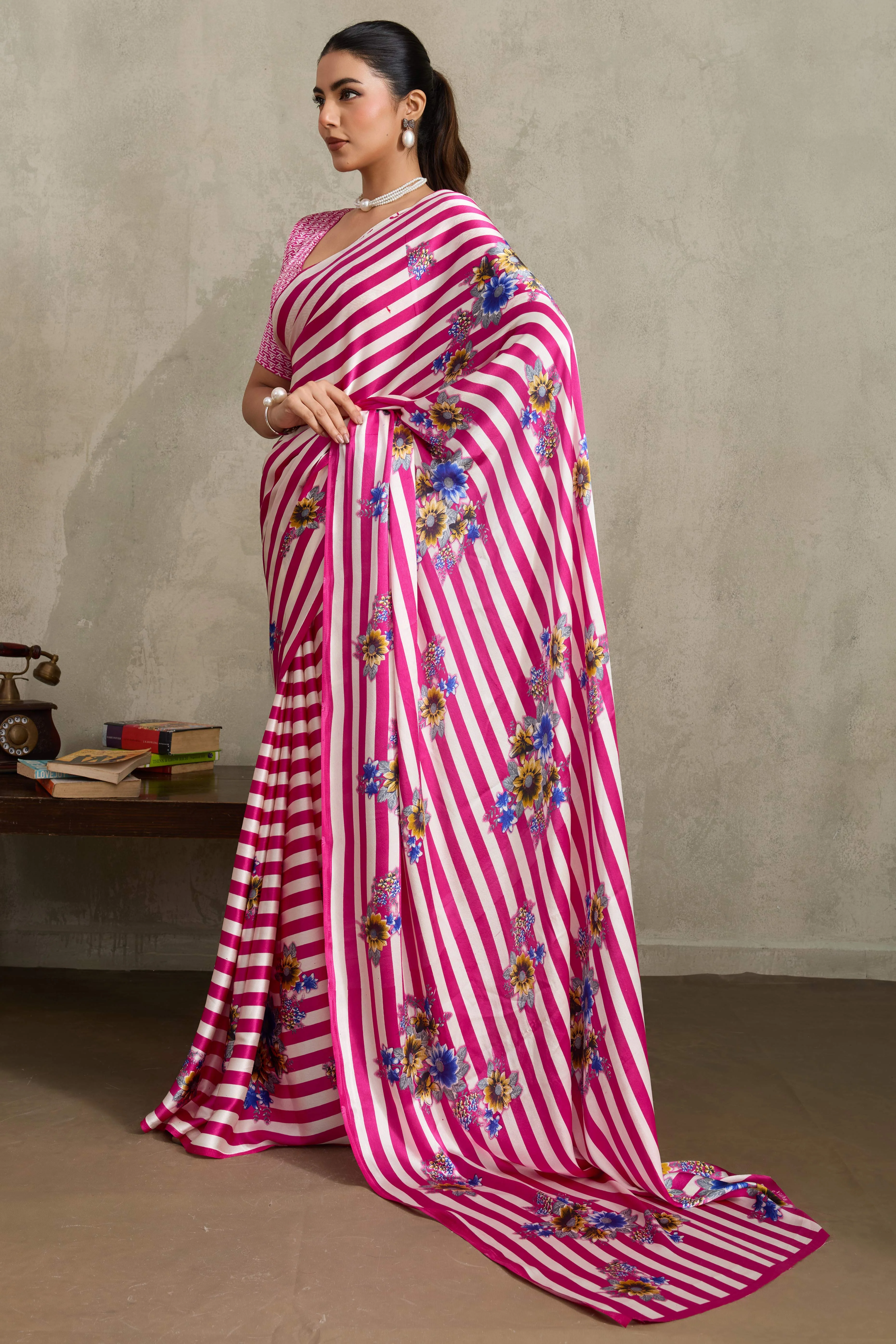 Pink Elegant Ajrakh Printed Modal Satin Saree Designed for Festive & Party Occasions - Image 3