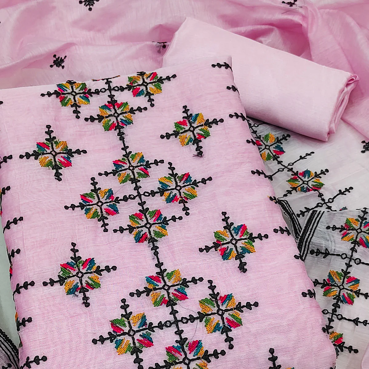 Pink Embroidered Chanderi Cotton Dress Material - Image 2