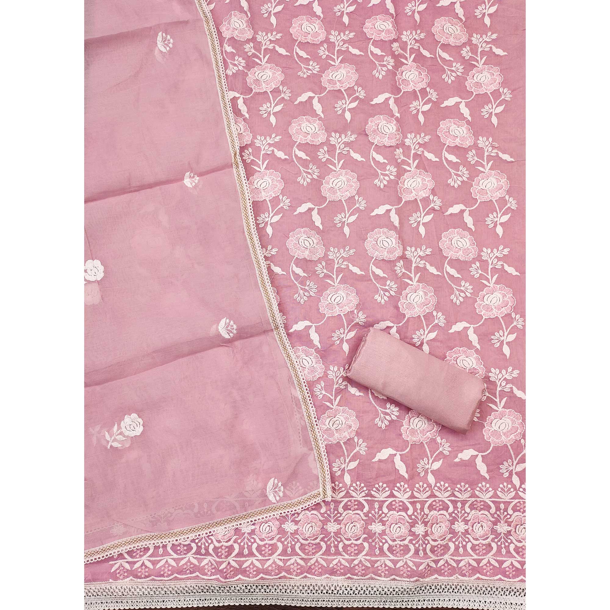 Pink Embroidered Chanderi Cotton Suit Fabric with Floral Detailing - Image 5