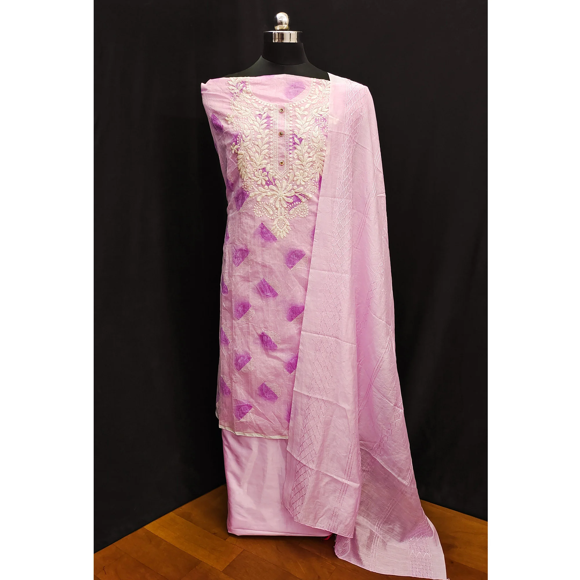 Pink Embroidered Chanderi Dress Material - Image 3