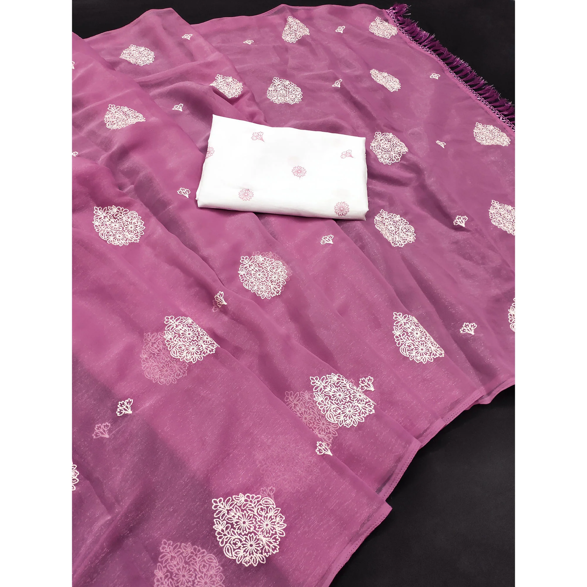 Pink Embroidered Chiffon Saree With Elegant Tassel Borders - Image 3