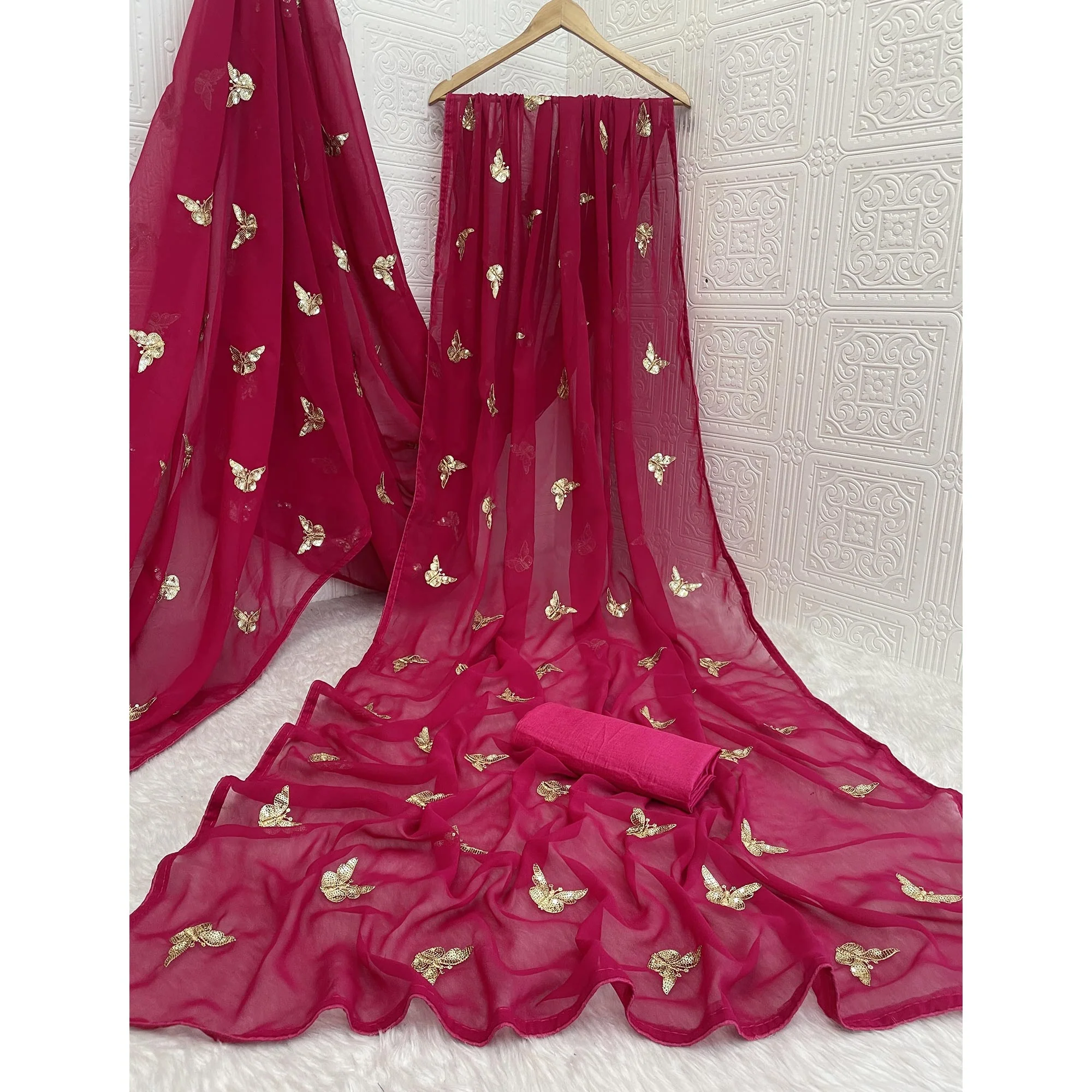 Pink Embroidered Georgette Saree With Shimmering Butterfly Sequin Work - Image 4
