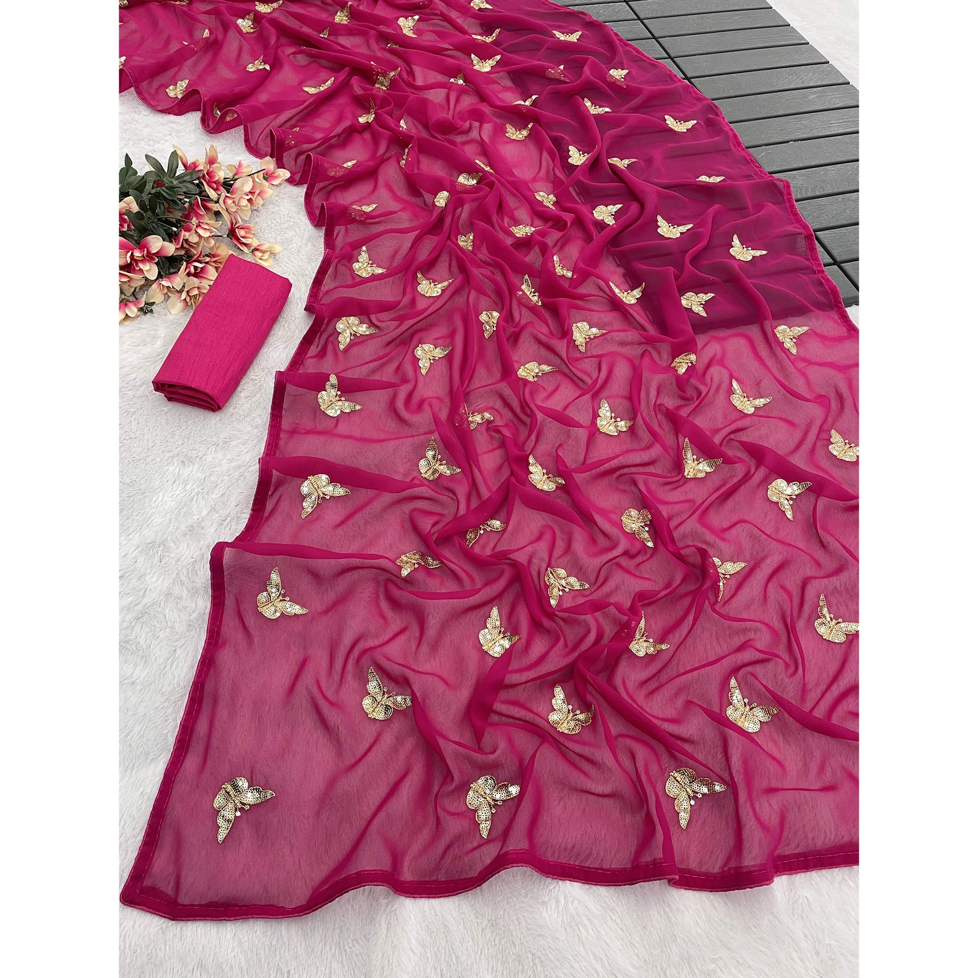 Pink Embroidered Georgette Saree With Shimmering Butterfly Sequin Work - Image 5