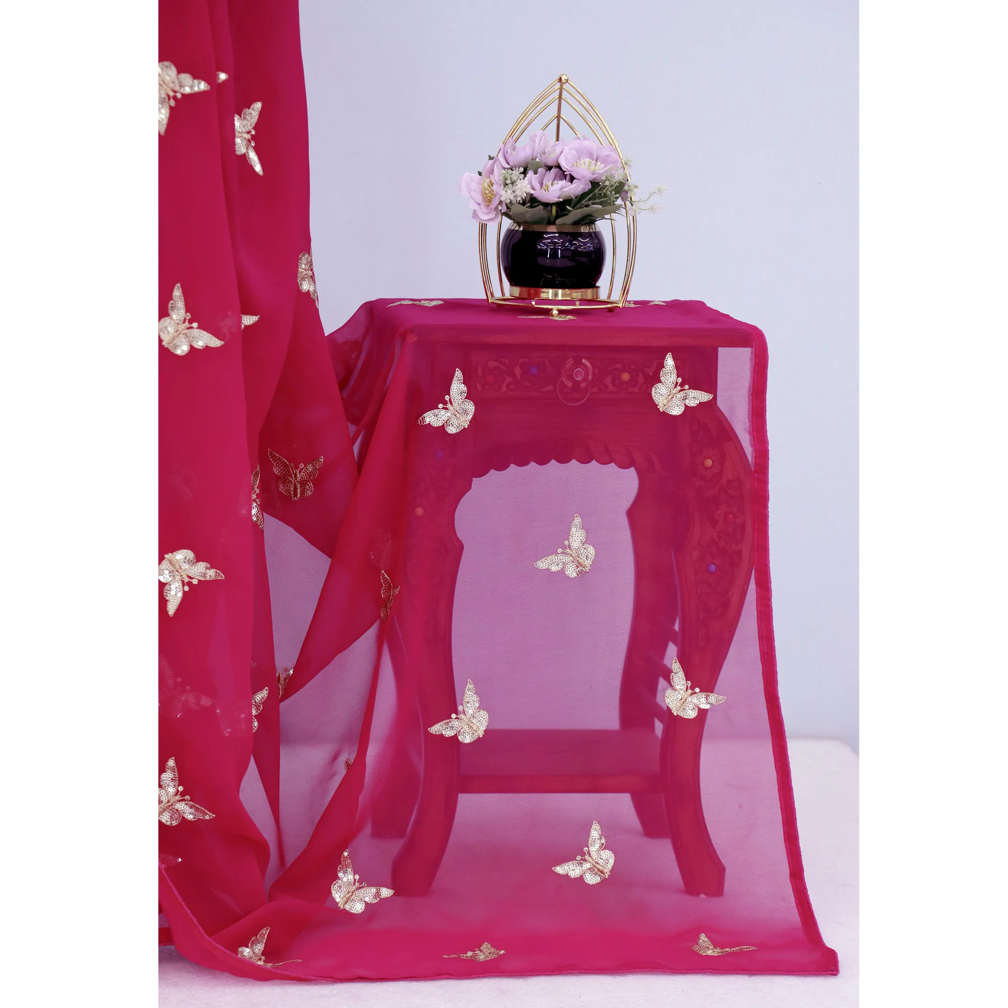 Pink Embroidered Georgette Saree With Shimmering Butterfly Sequin Work - Image 6