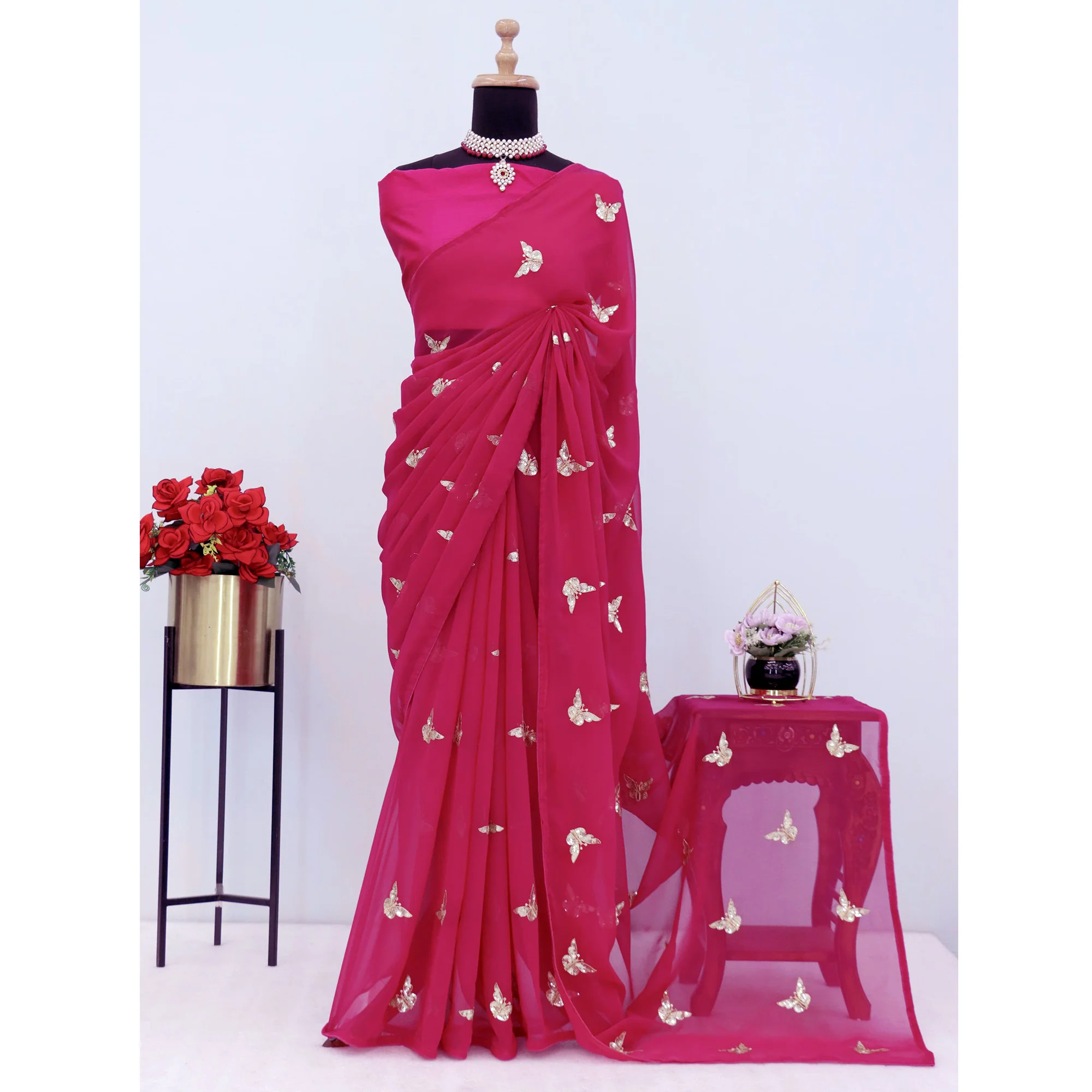 Pink Embroidered Georgette Saree With Shimmering Butterfly Sequin Work - Image 7