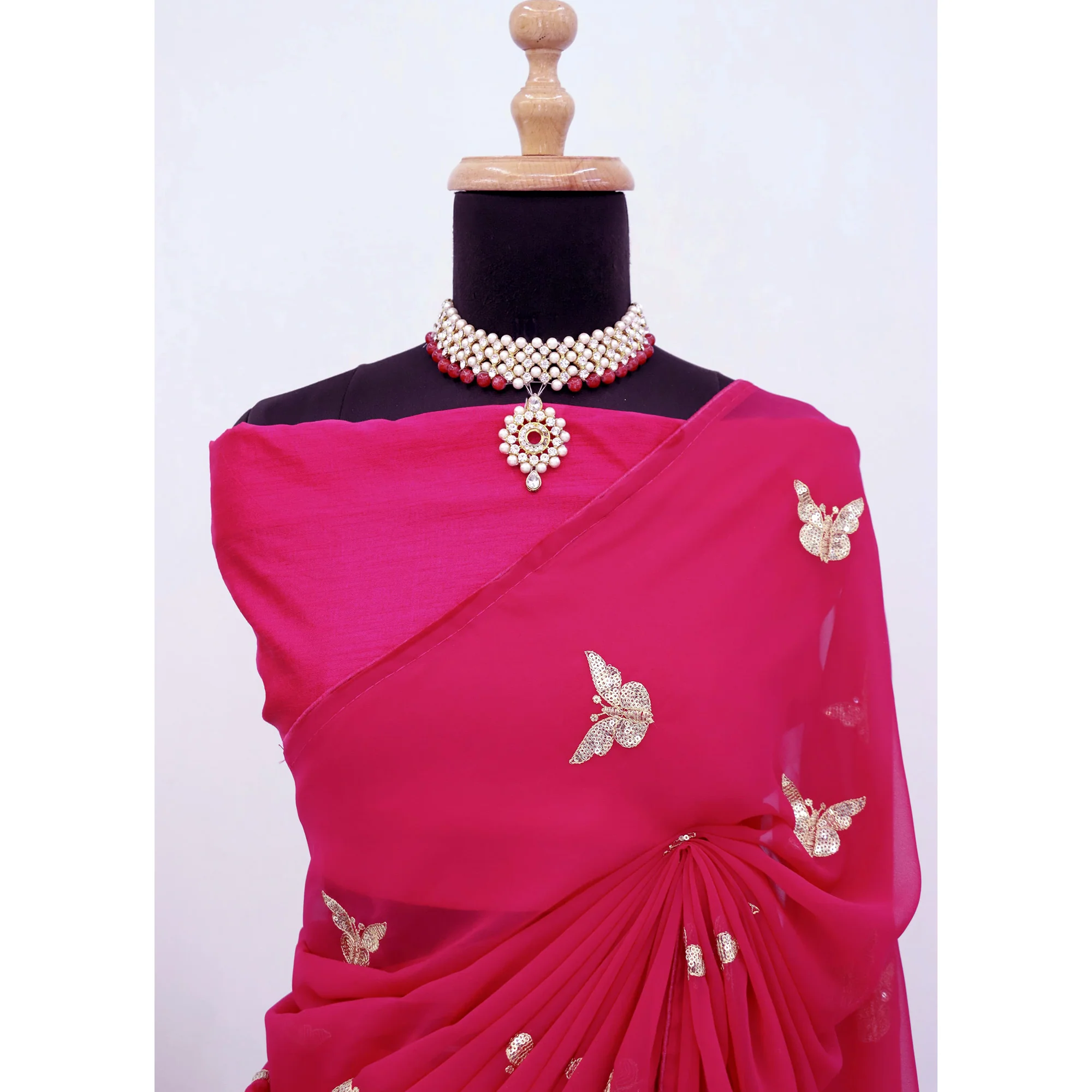 Pink Embroidered Georgette Saree With Shimmering Butterfly Sequin Work - Image 8