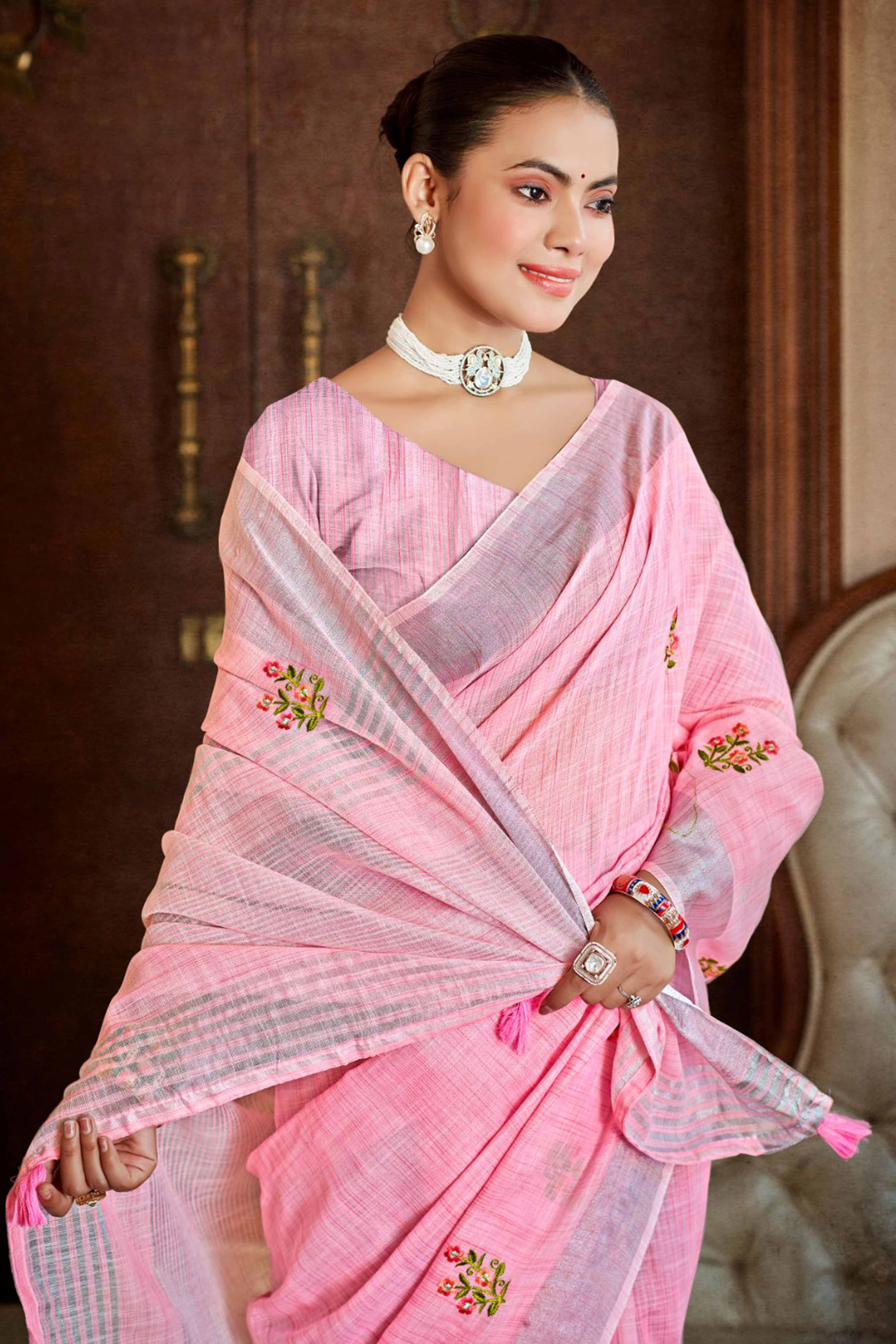 Pink Embroidered Linen Saree with Floral Motifs in Woven Fabric - Image 4