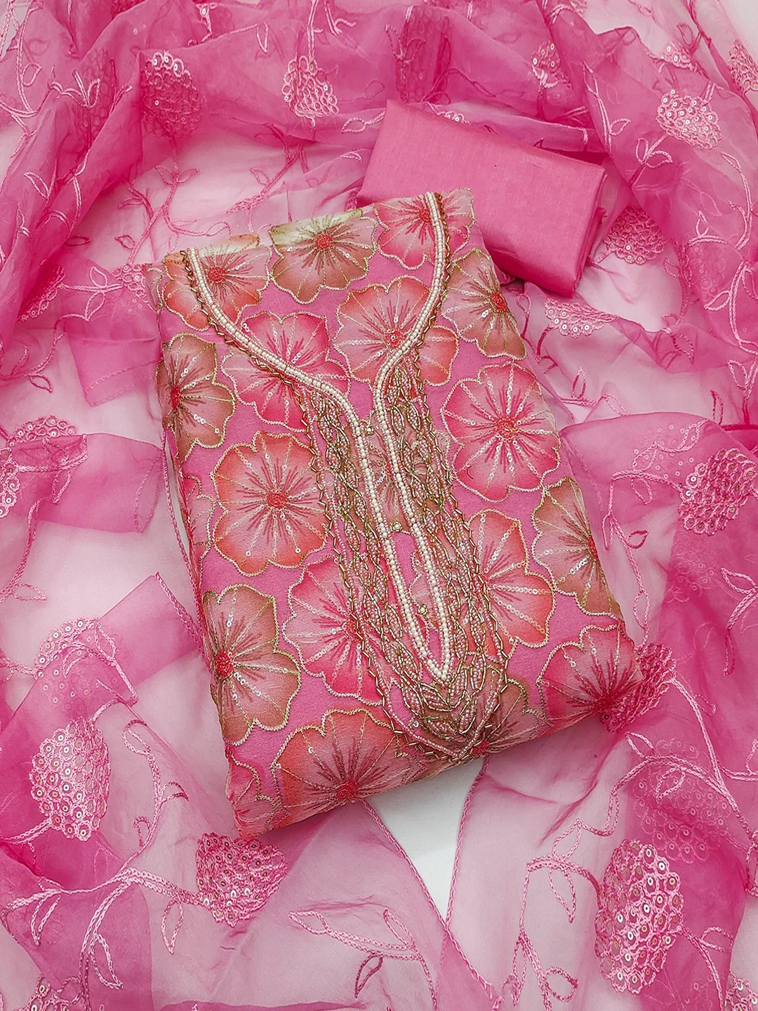Pink Embroidered Organza Fabric Set Featuring Intricate Beads Work Detailing