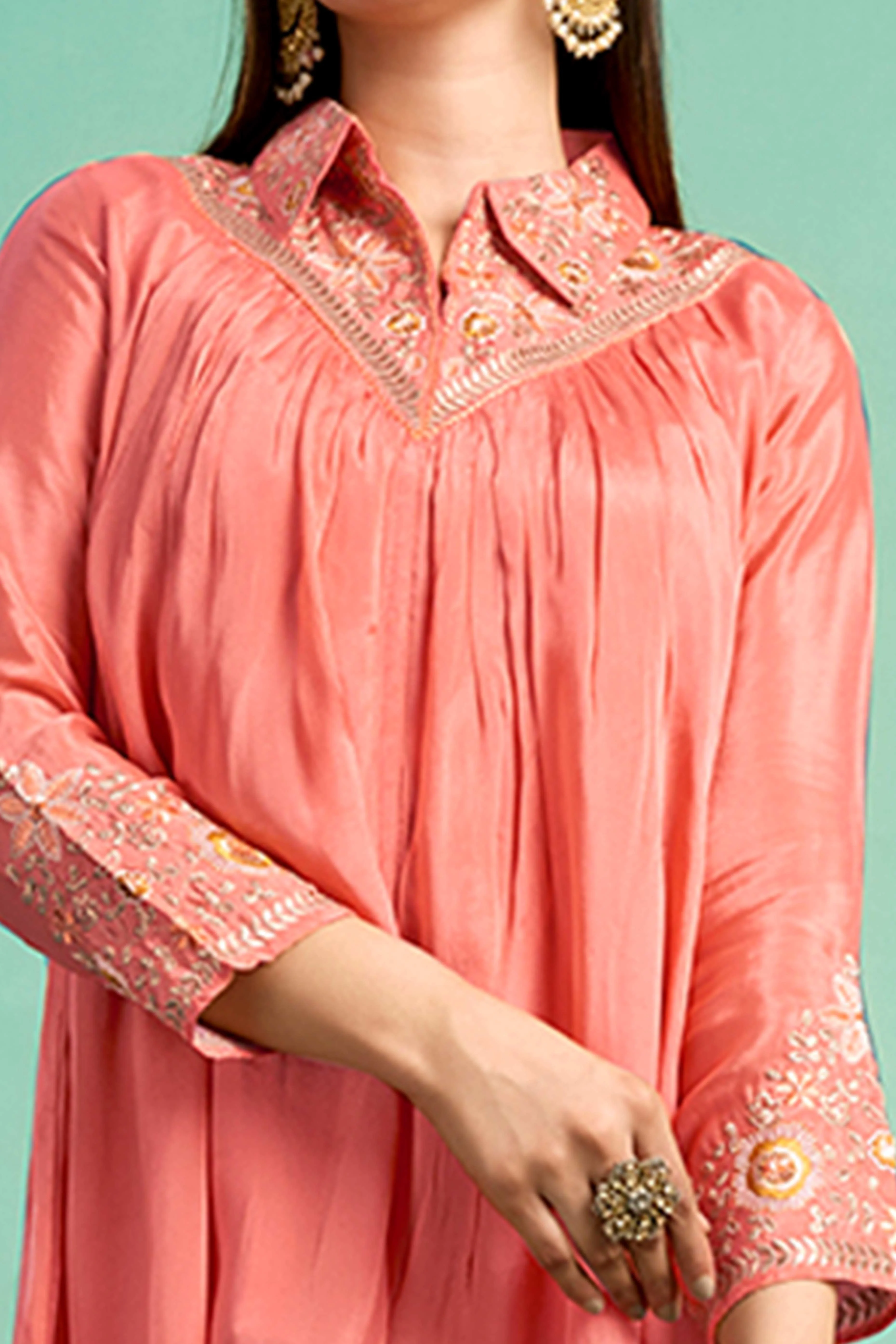 Peach Embroidered Chinon A-Line Co-Ord Set - Image 2