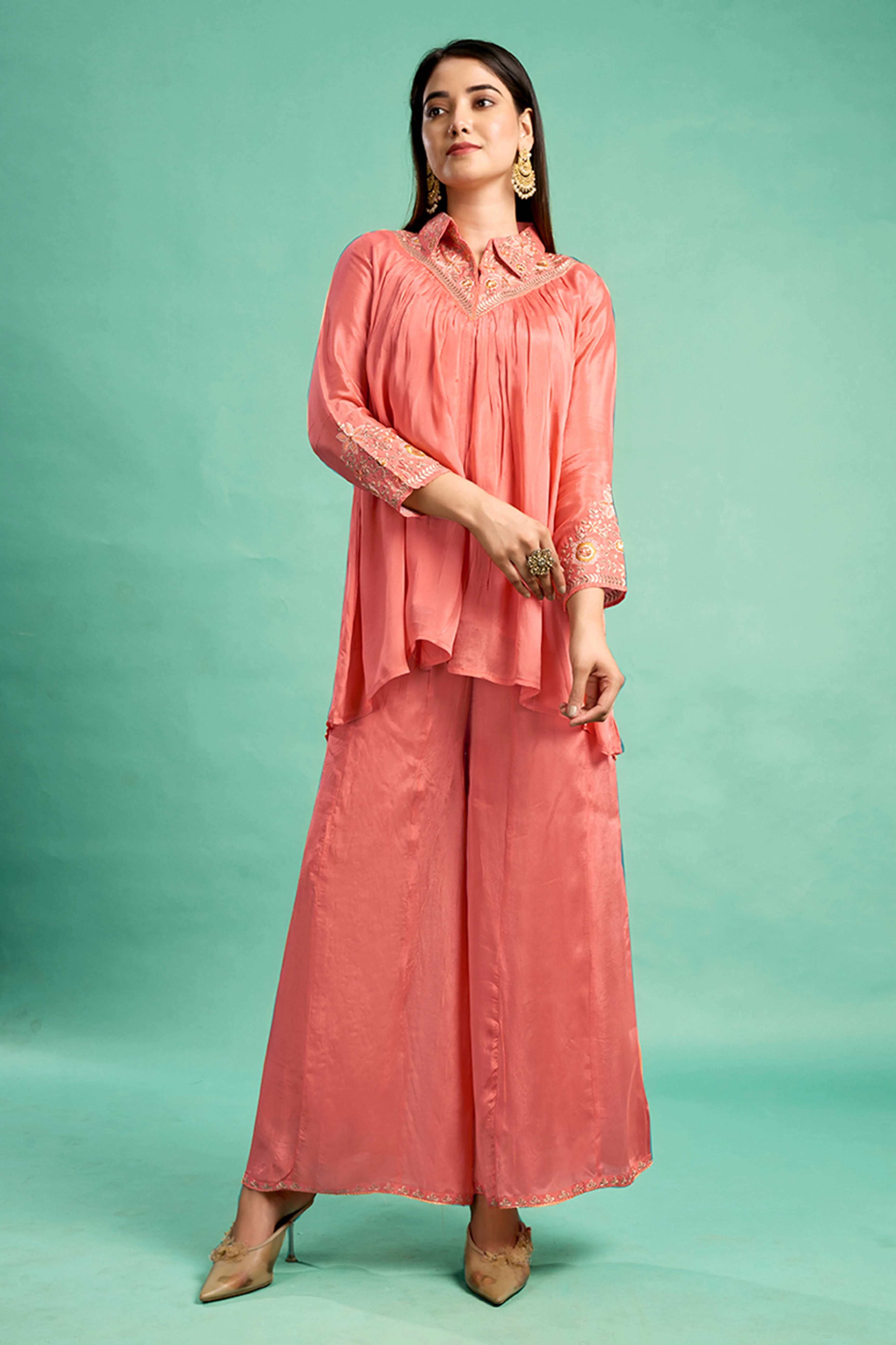 Peach Embroidered Chinon A-Line Co-Ord Set - Image 3