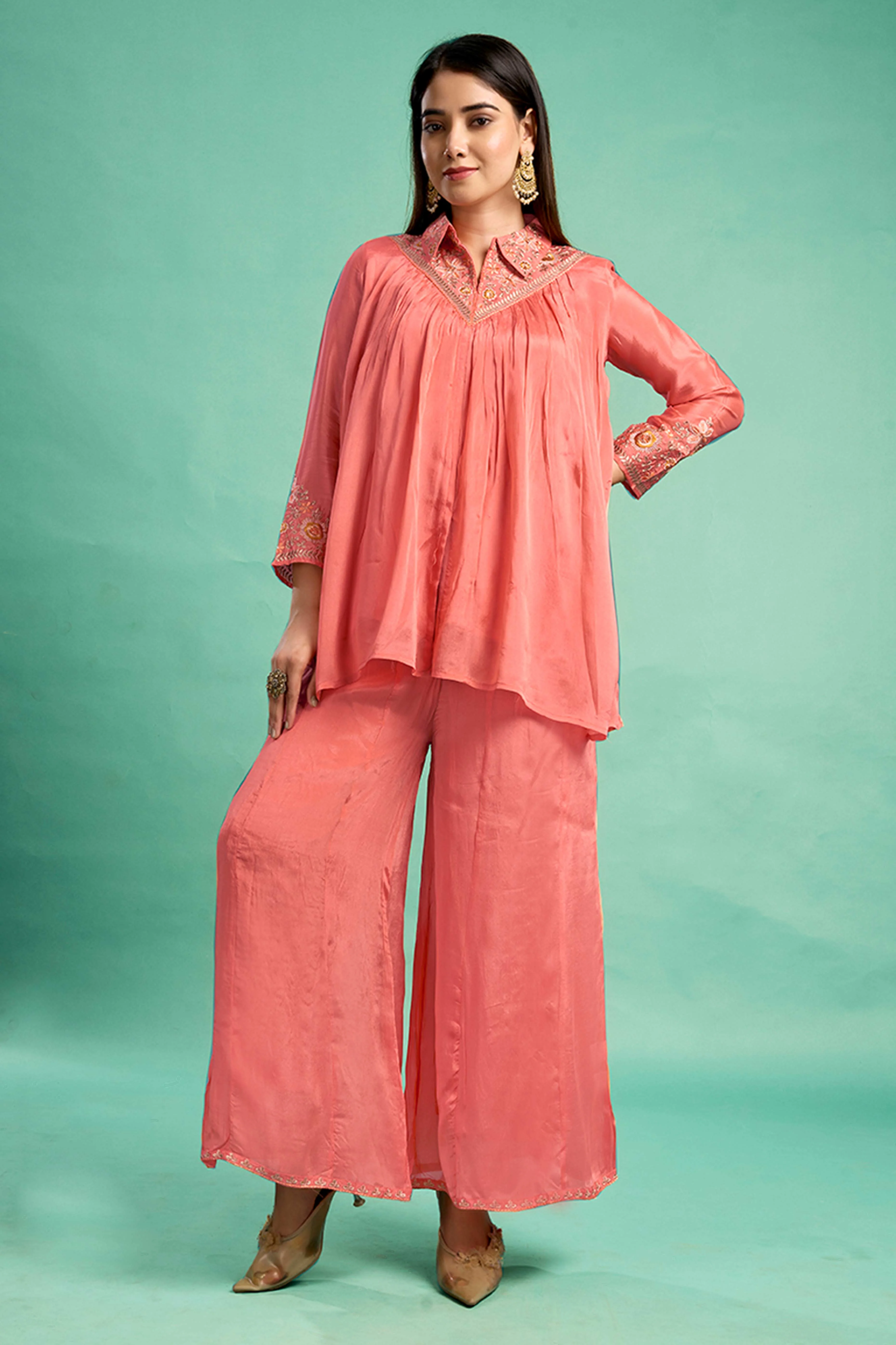 Peach Embroidered Chinon A-Line Co-Ord Set - Image 4