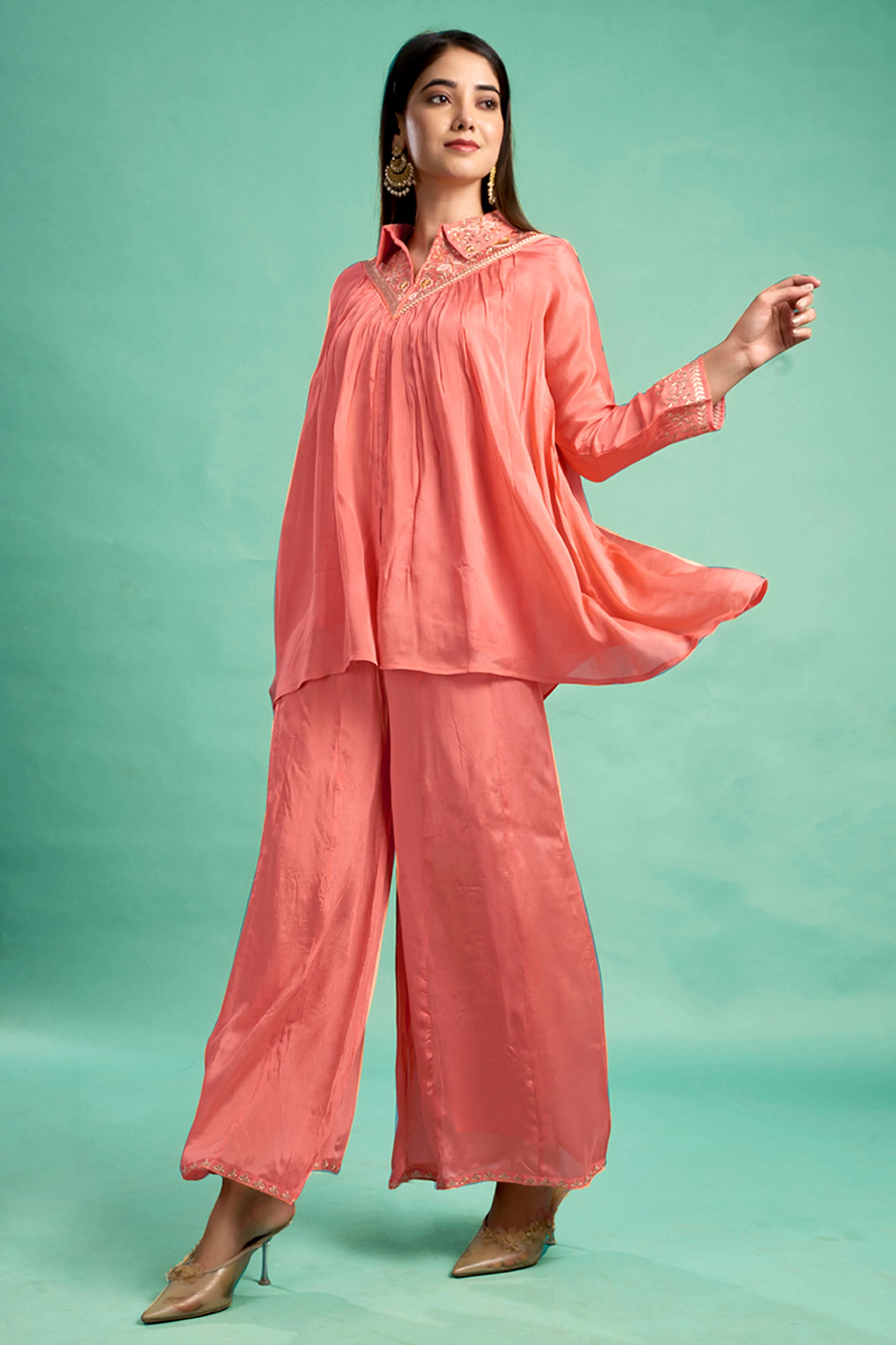 Peach Embroidered Chinon A-Line Co-Ord Set - Image 5