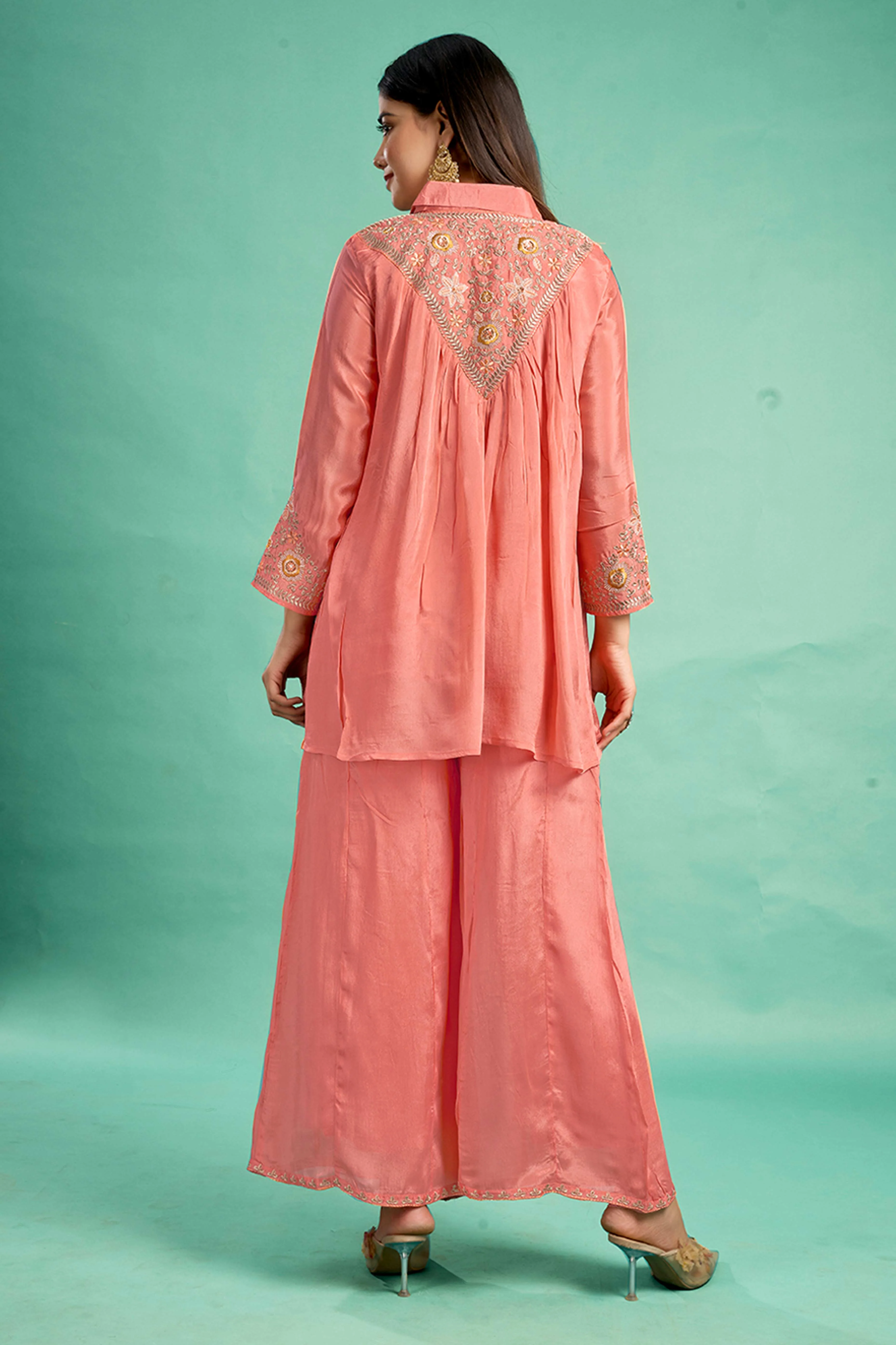 Peach Embroidered Chinon A-Line Co-Ord Set - Image 6