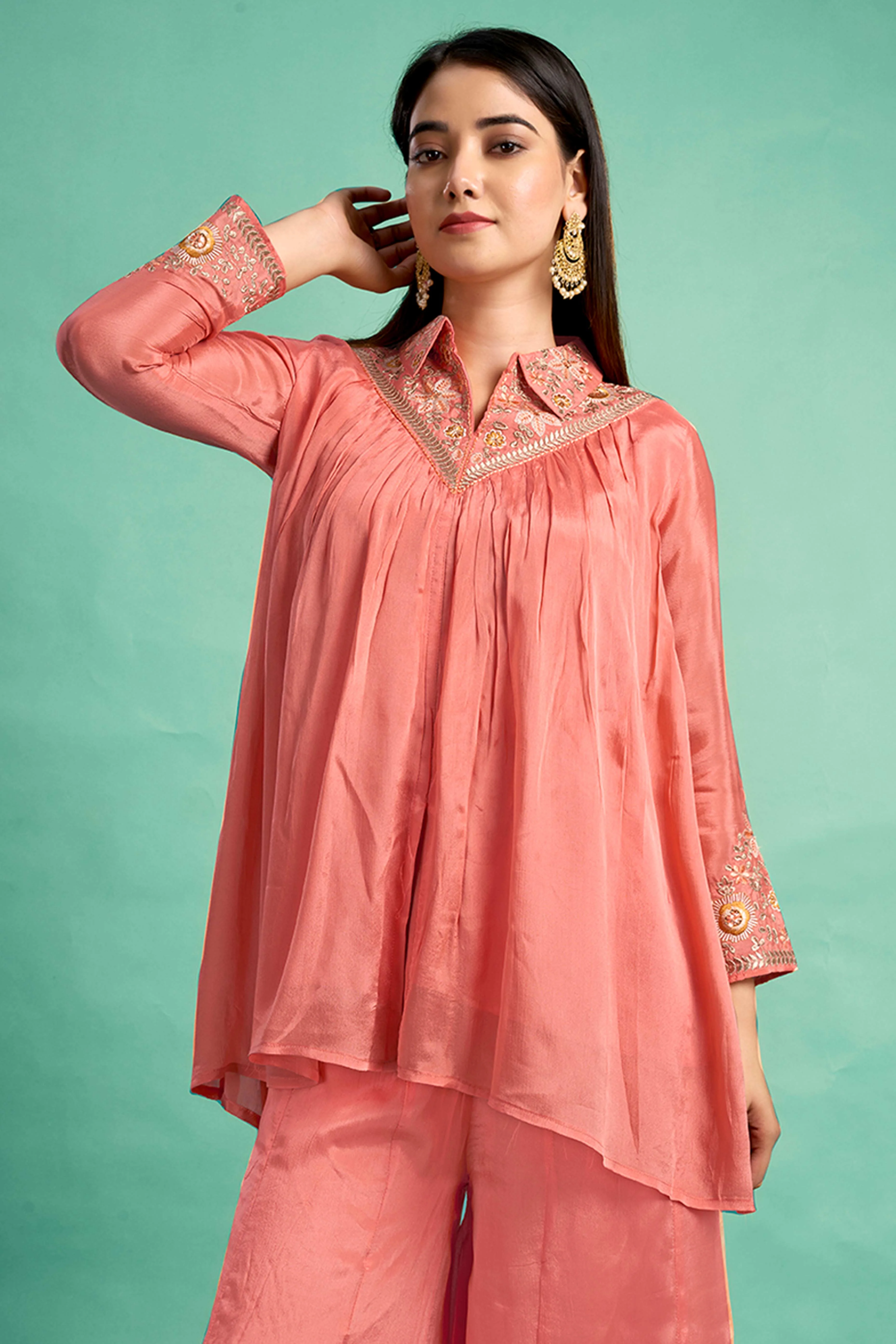 Peach Embroidered Chinon A-Line Co-Ord Set - Image 7