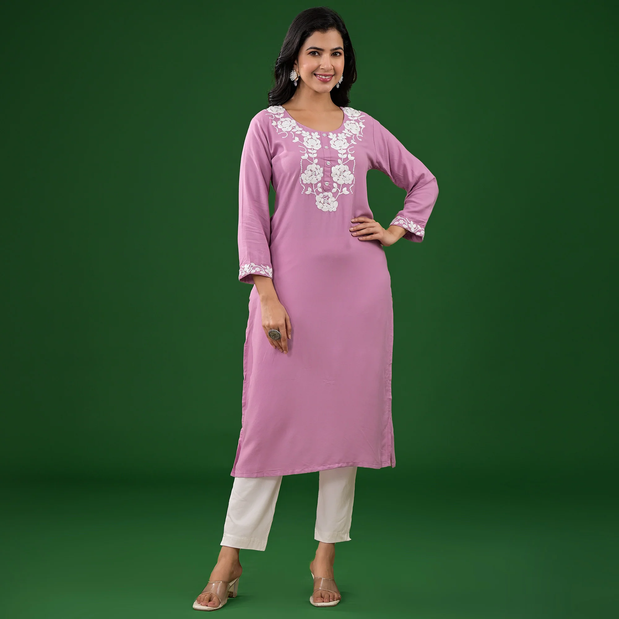 Pink Embroidered Rayon Straight Kurti - Image 2