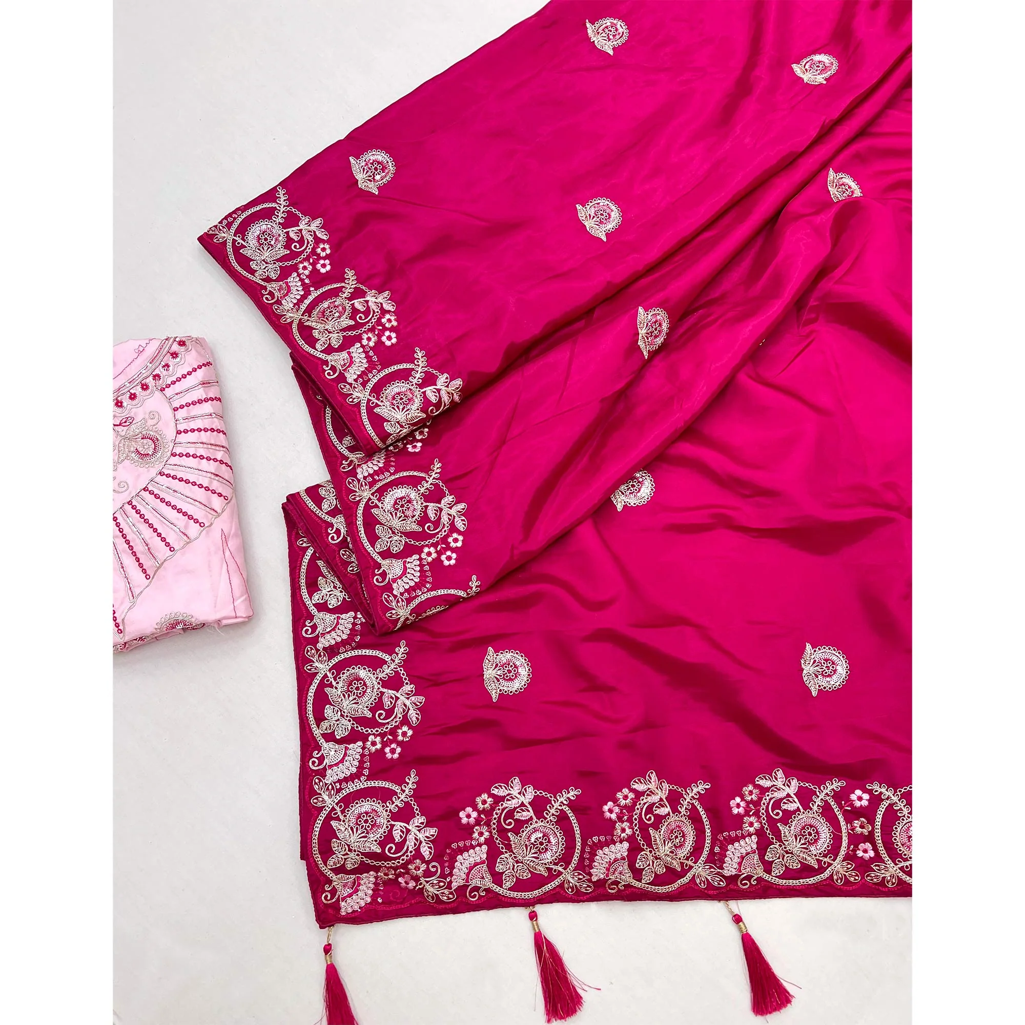 Pink Embroidered Satin Saree with Smooth Texture and Graceful Festive Appeal - Image 3
