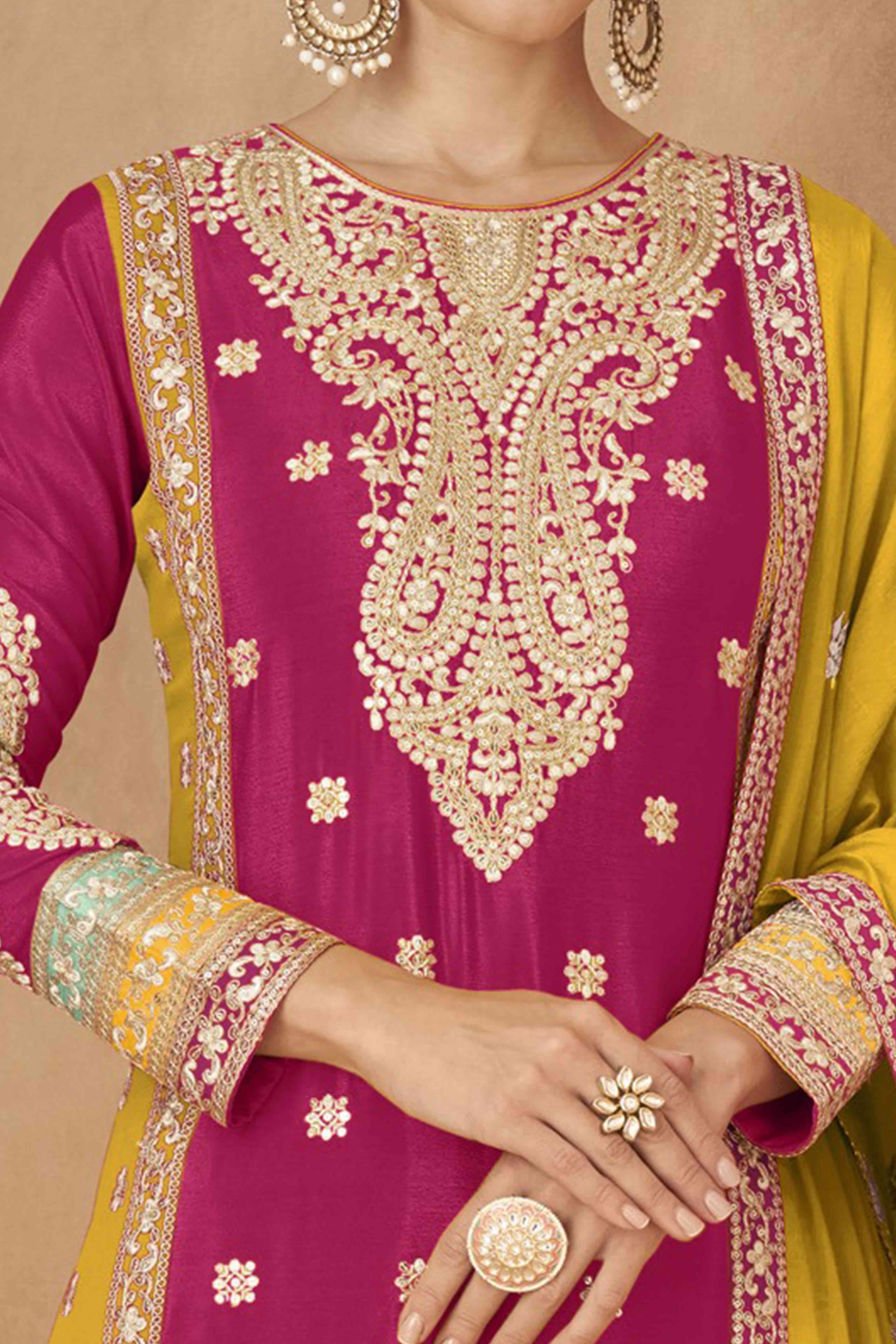 Pink Embroidered Sequins Work Chinon Semi-Stitched Salwar Suit - Image 2