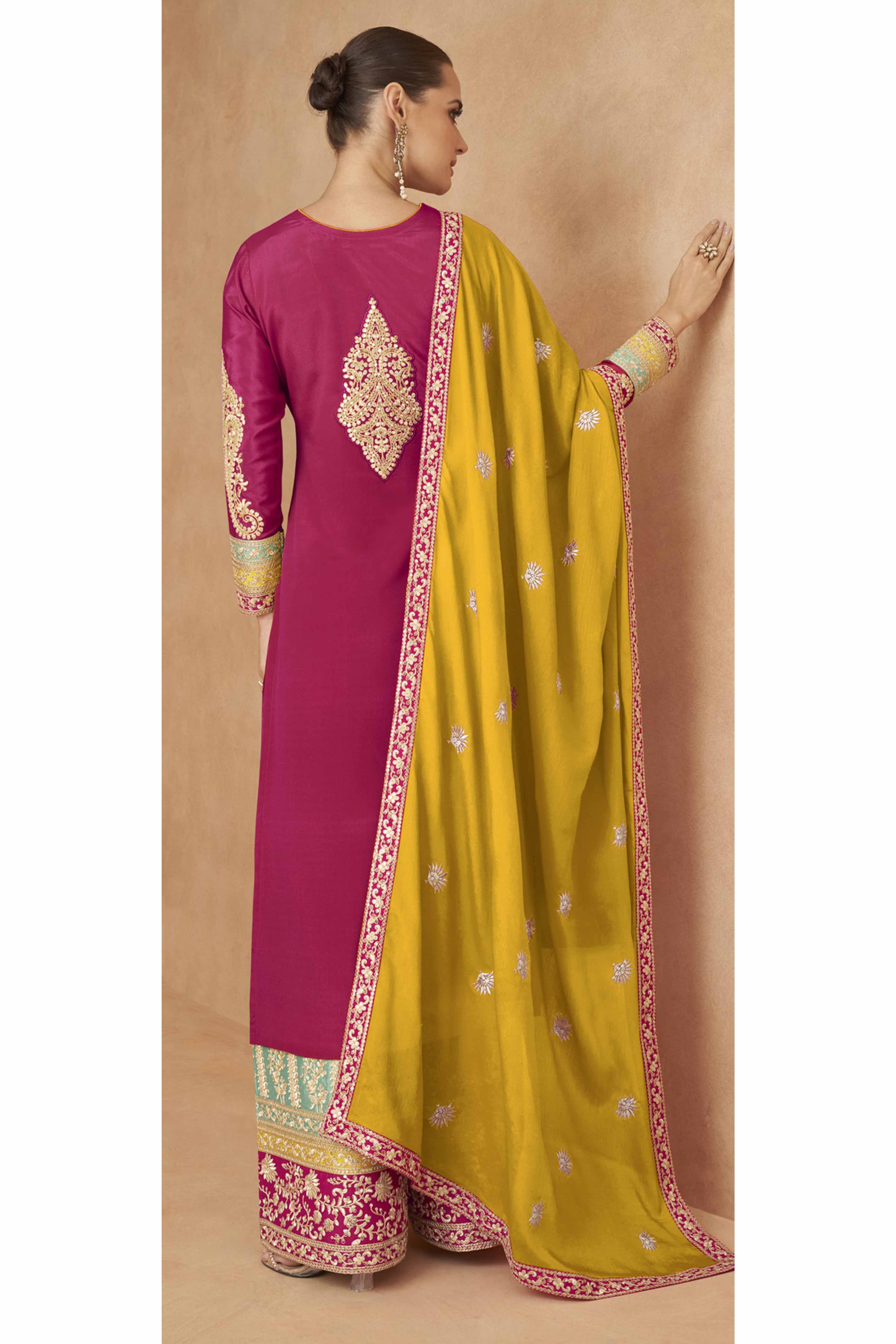 Pink Embroidered Sequins Work Chinon Semi-Stitched Salwar Suit - Image 3