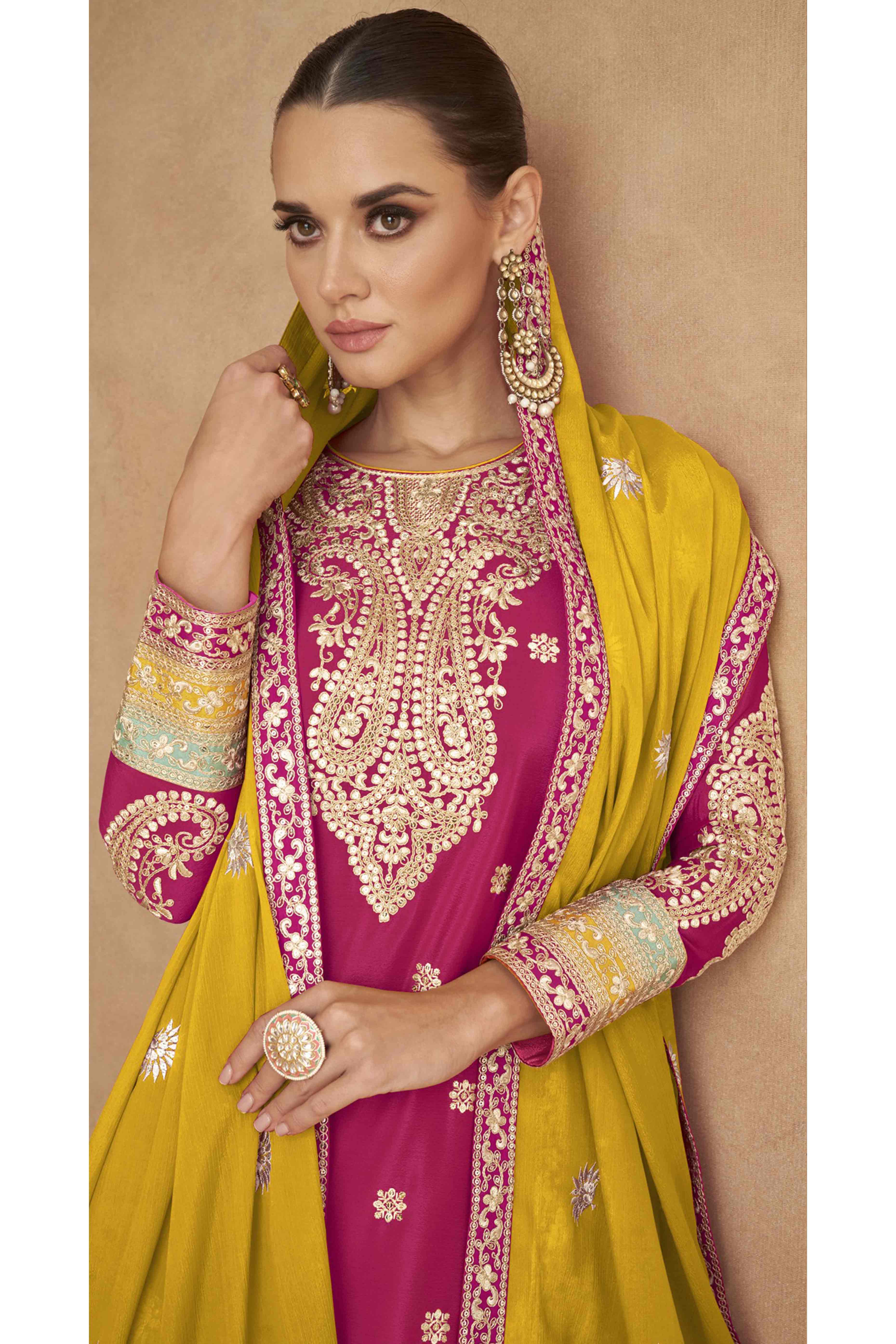 Pink Embroidered Sequins Work Chinon Semi-Stitched Salwar Suit - Image 4