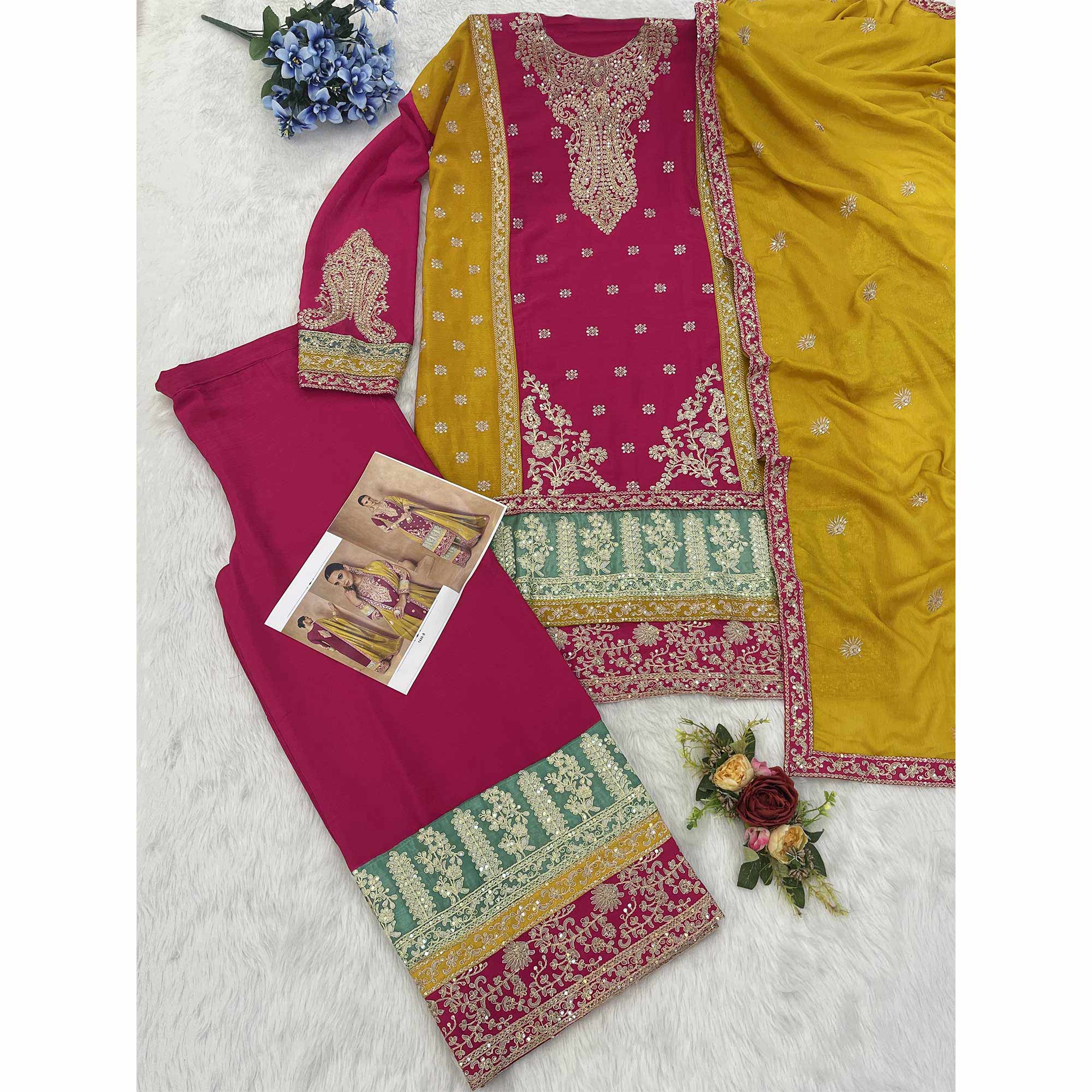 Pink Embroidered Sequins Work Chinon Semi-Stitched Salwar Suit - Image 5