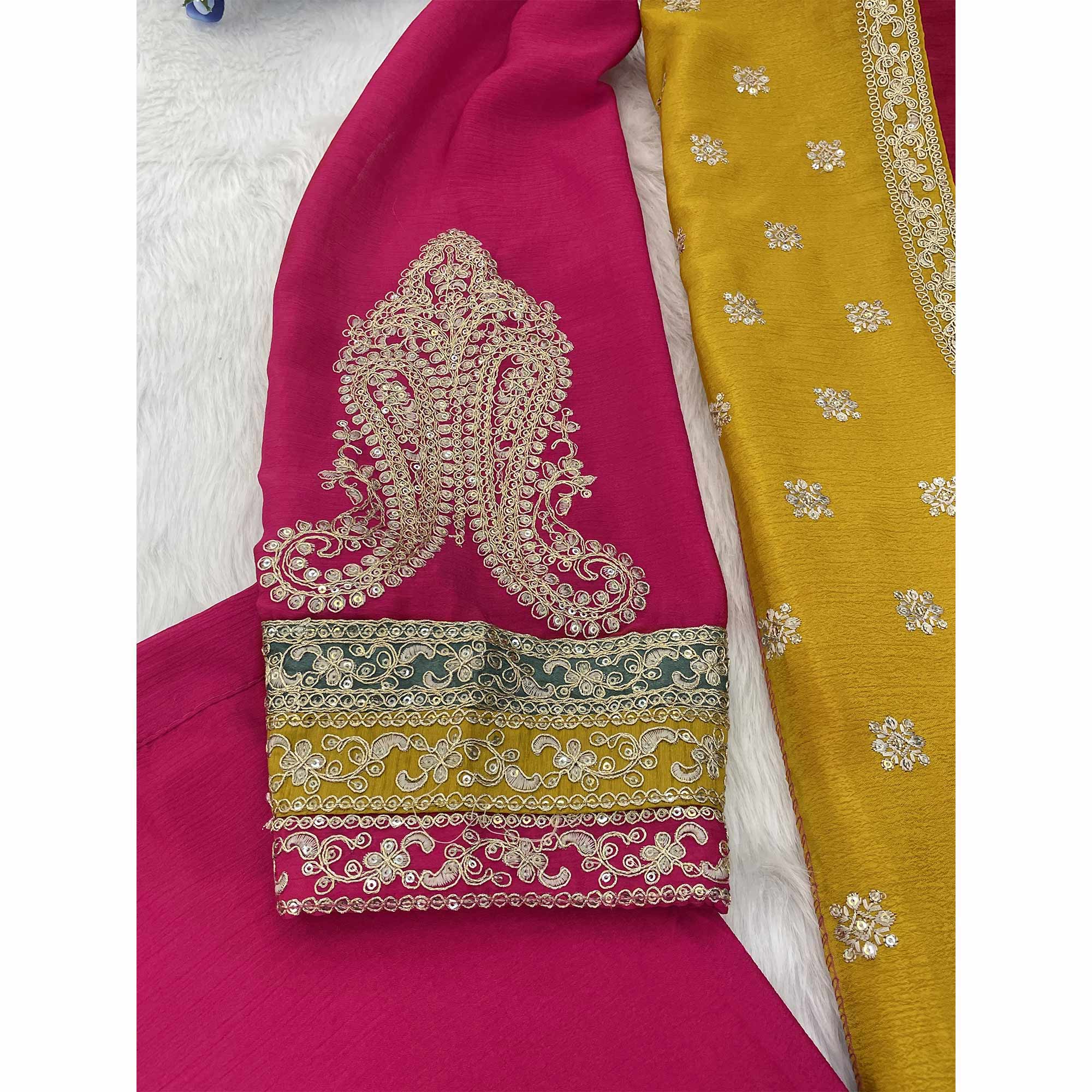 Pink Embroidered Sequins Work Chinon Semi-Stitched Salwar Suit - Image 7