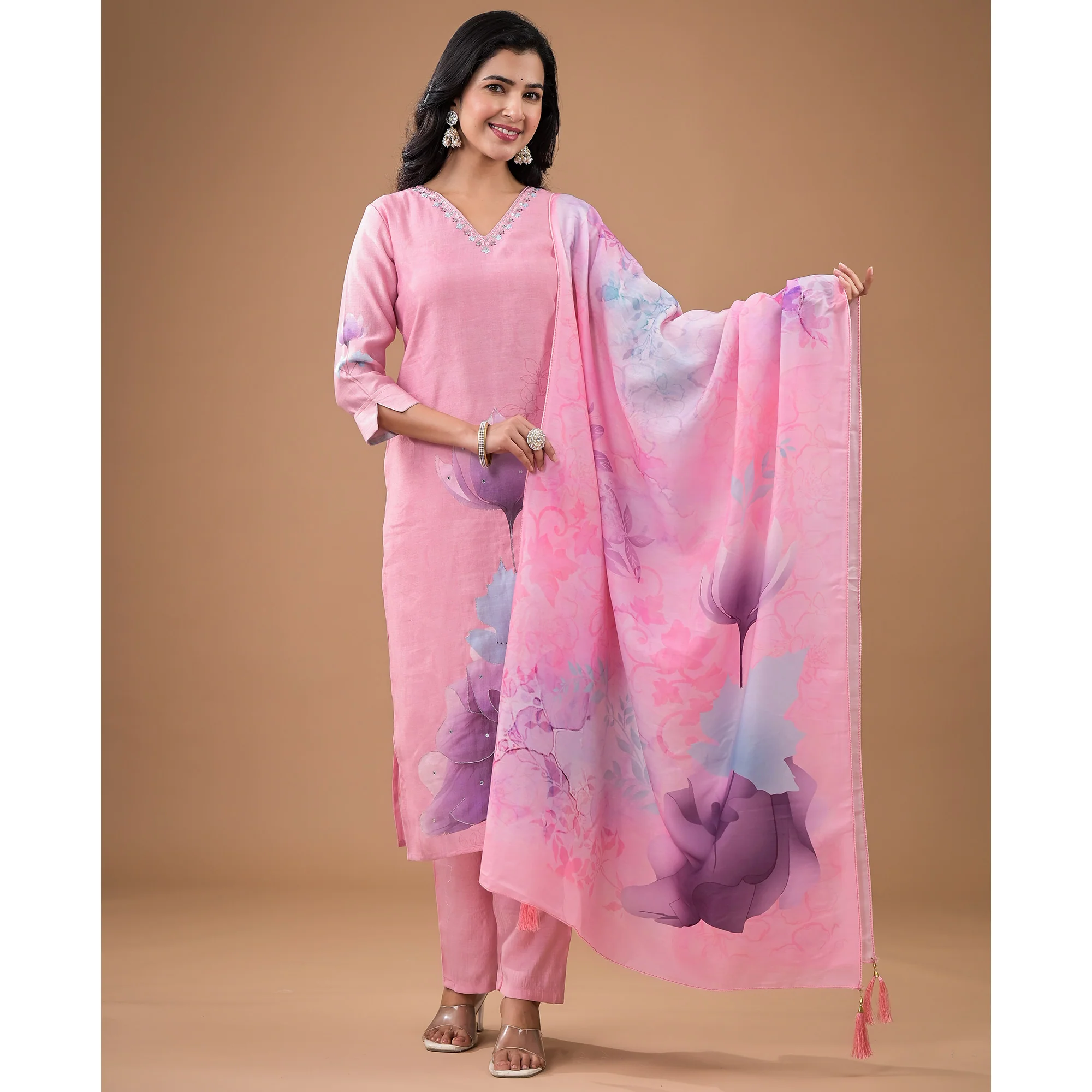 Pink Embroidered Viscose Straight Salwar Suit - Image 4