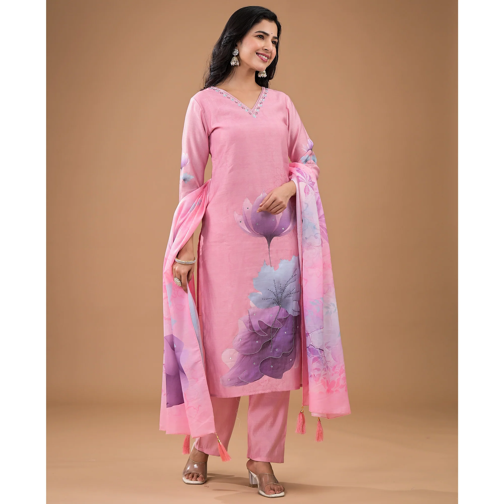 Pink Embroidered Viscose Straight Salwar Suit - Image 5