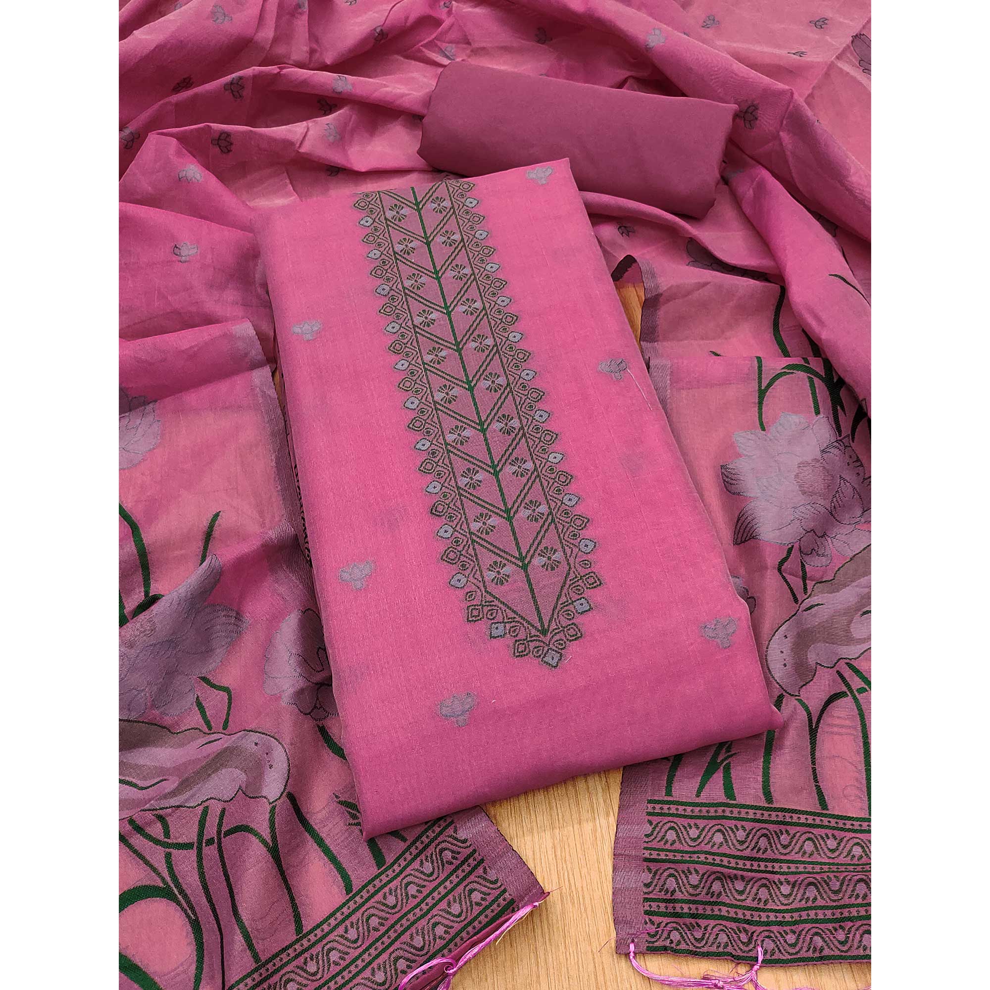 Pink Ethnic Dress Material Showcasing Handloom Style Floral Zari Weaving - Image 3