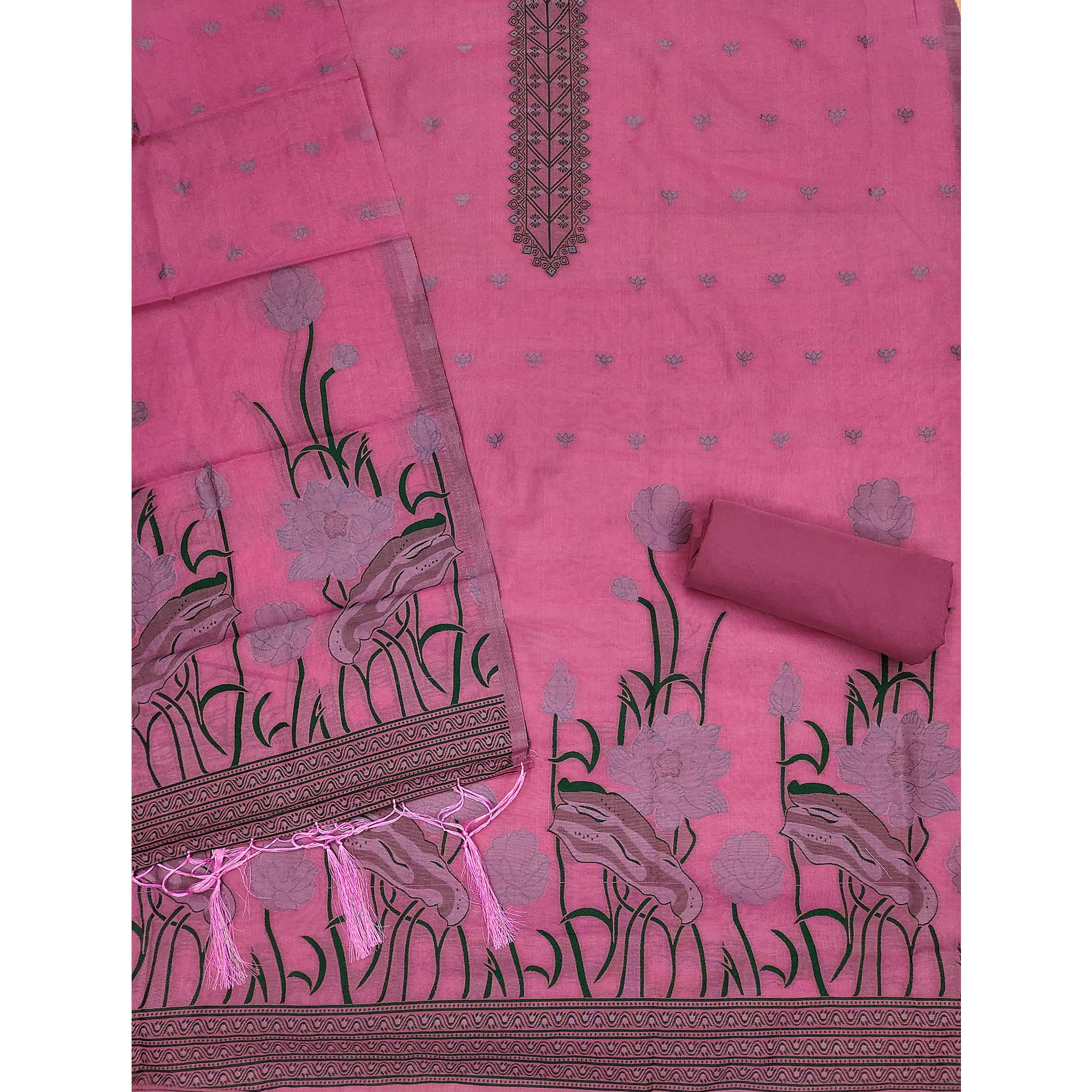 Pink Ethnic Dress Material Showcasing Handloom Style Floral Zari Weaving - Image 4