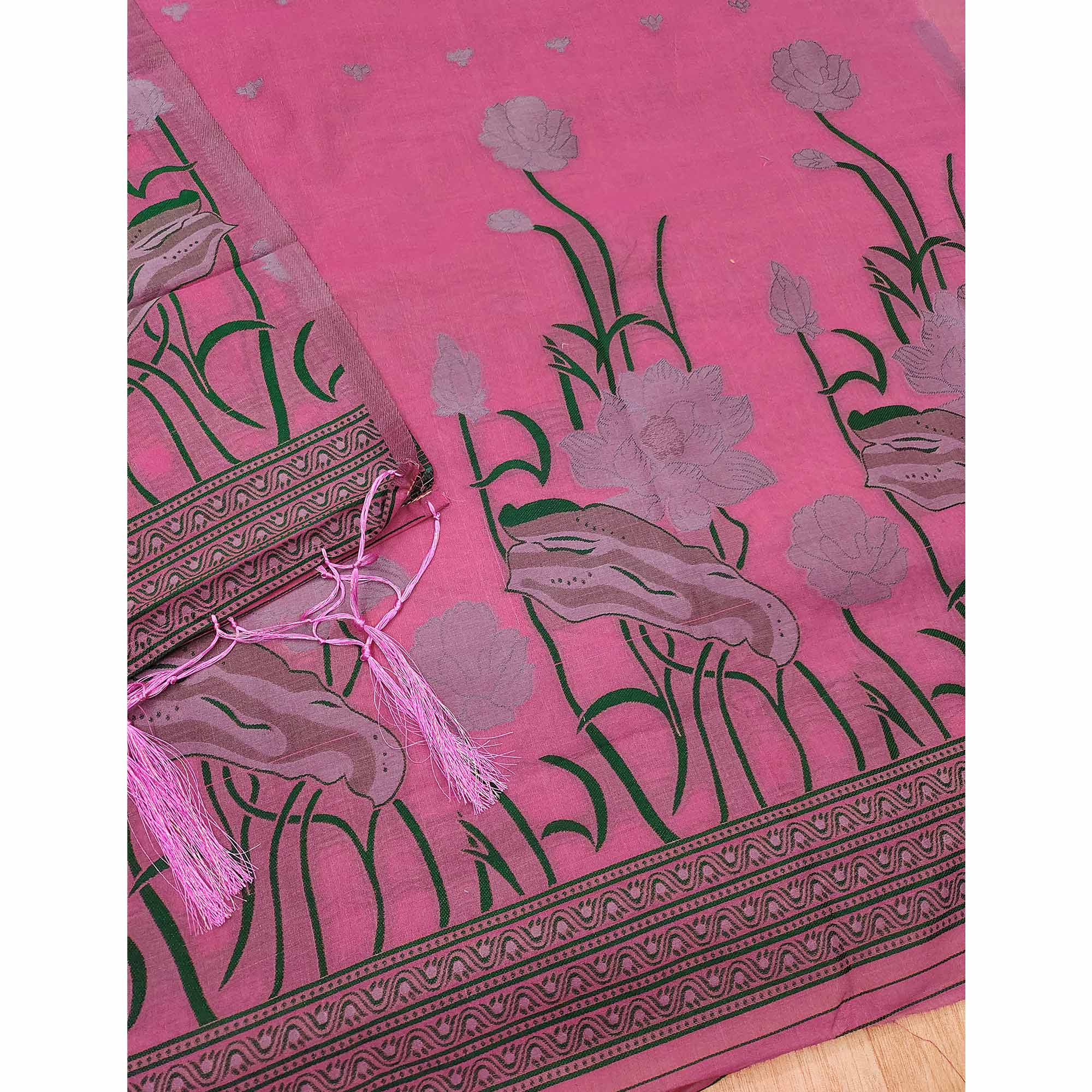 Pink Ethnic Dress Material Showcasing Handloom Style Floral Zari Weaving - Image 5