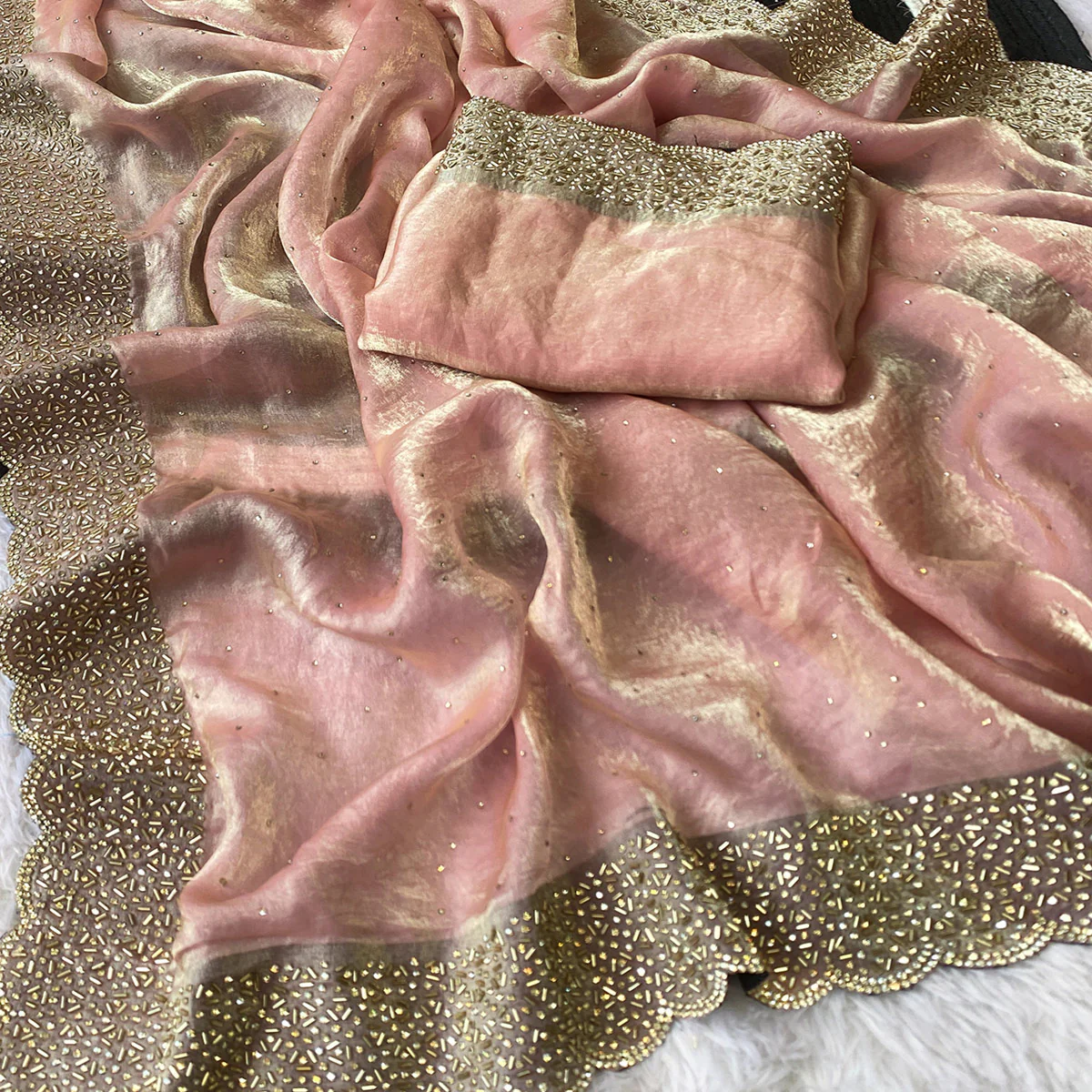 Pink Fandy Satin Saree Featuring Intricate Swarovski Work & Decorative Zarkan Border - Image 2