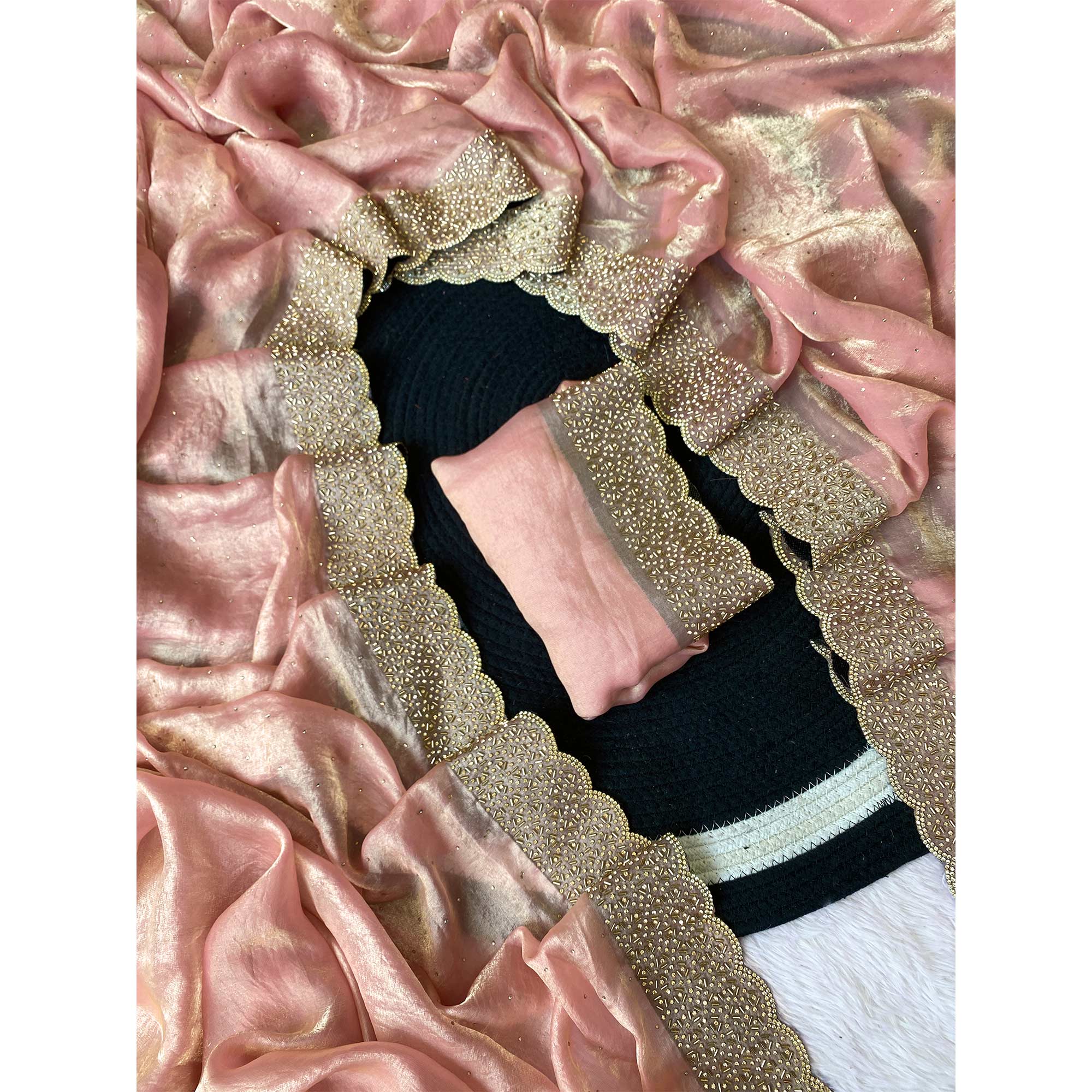 Pink Fandy Satin Saree Featuring Intricate Swarovski Work & Decorative Zarkan Border - Image 3