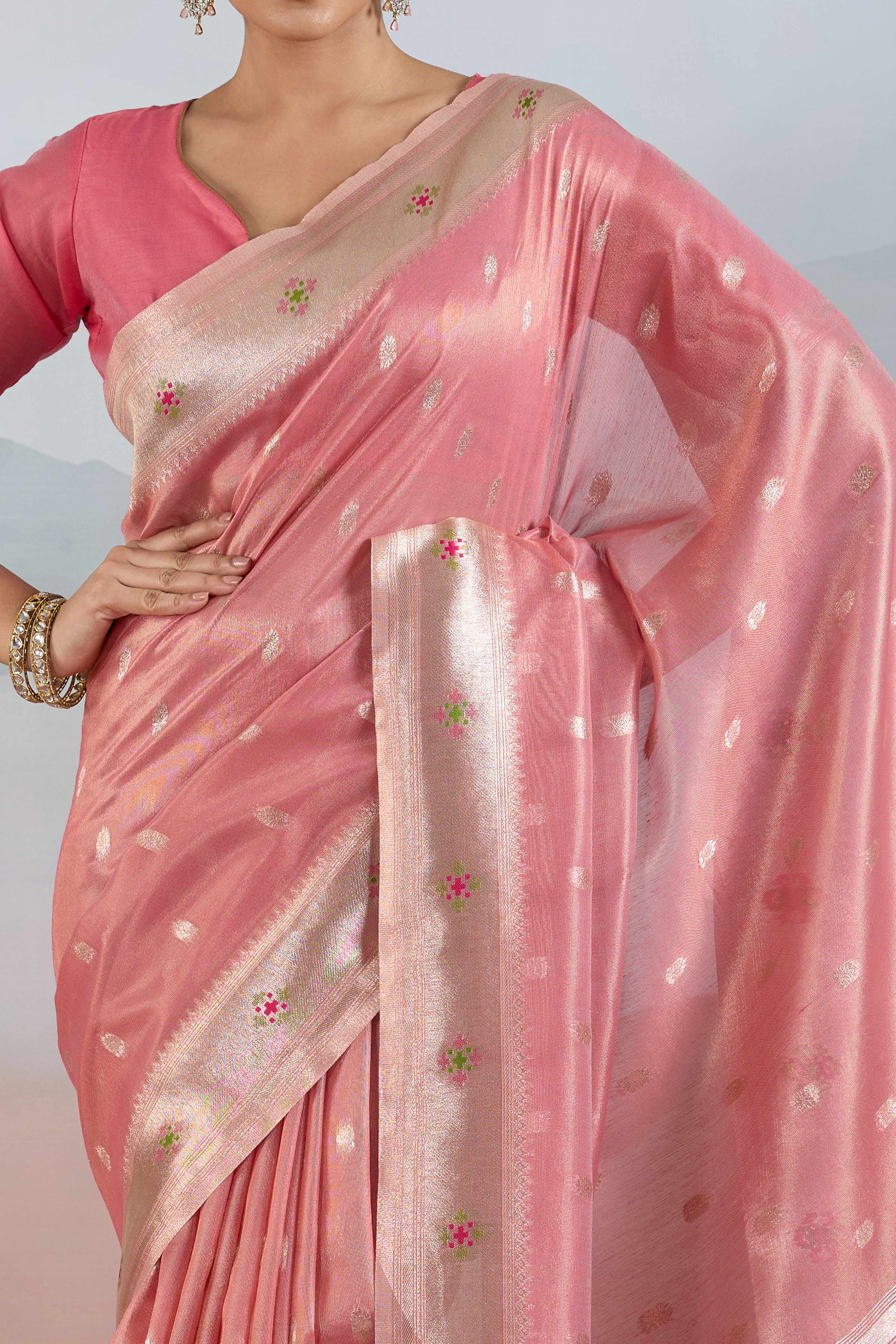Pink Festive Tissue Saree Crafted with Artistic Zari Butti Weaving and a Featherlight Texture - Image 2