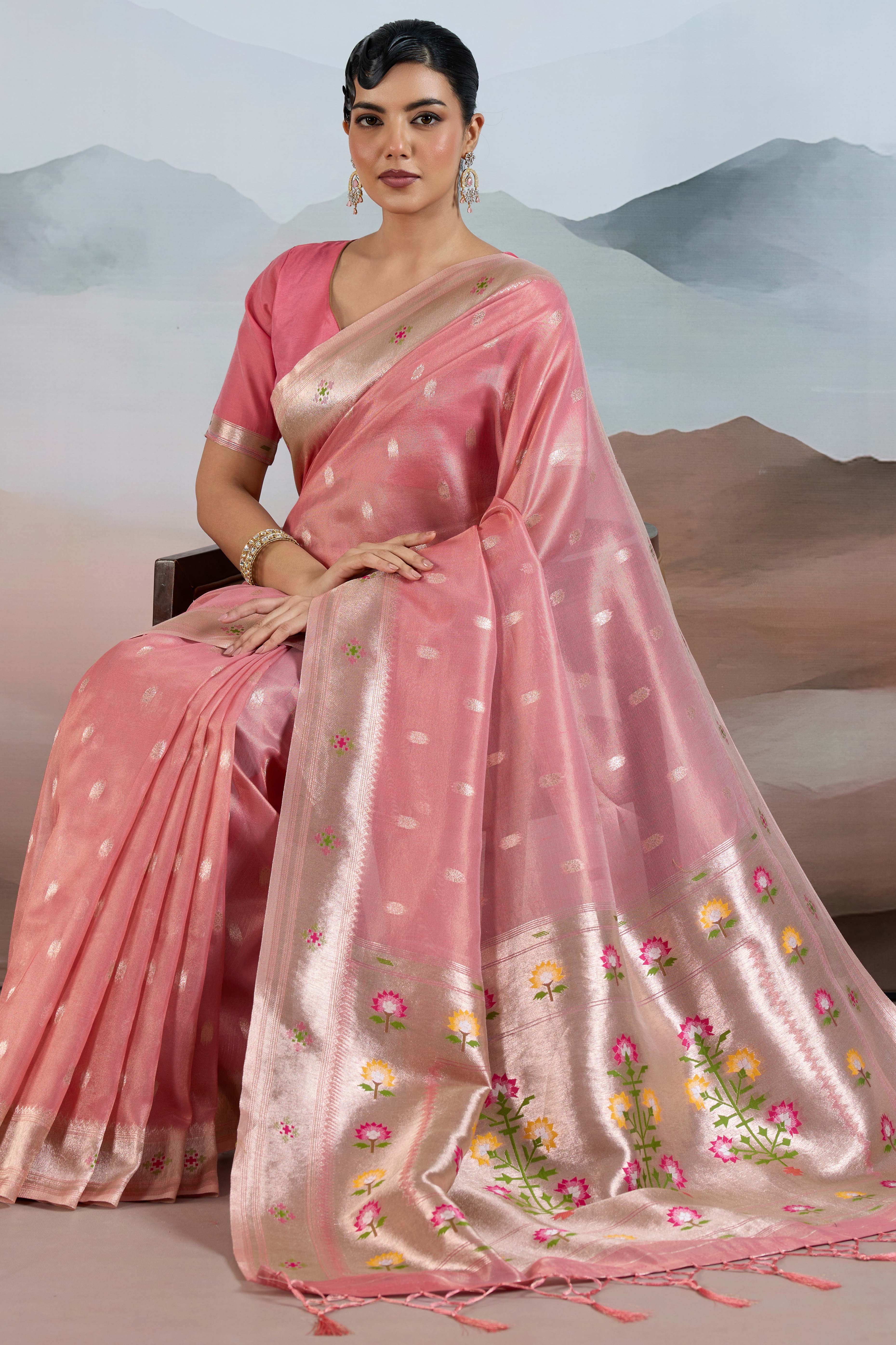 Pink Festive Tissue Saree Crafted with Artistic Zari Butti Weaving and a Featherlight Texture - Image 3
