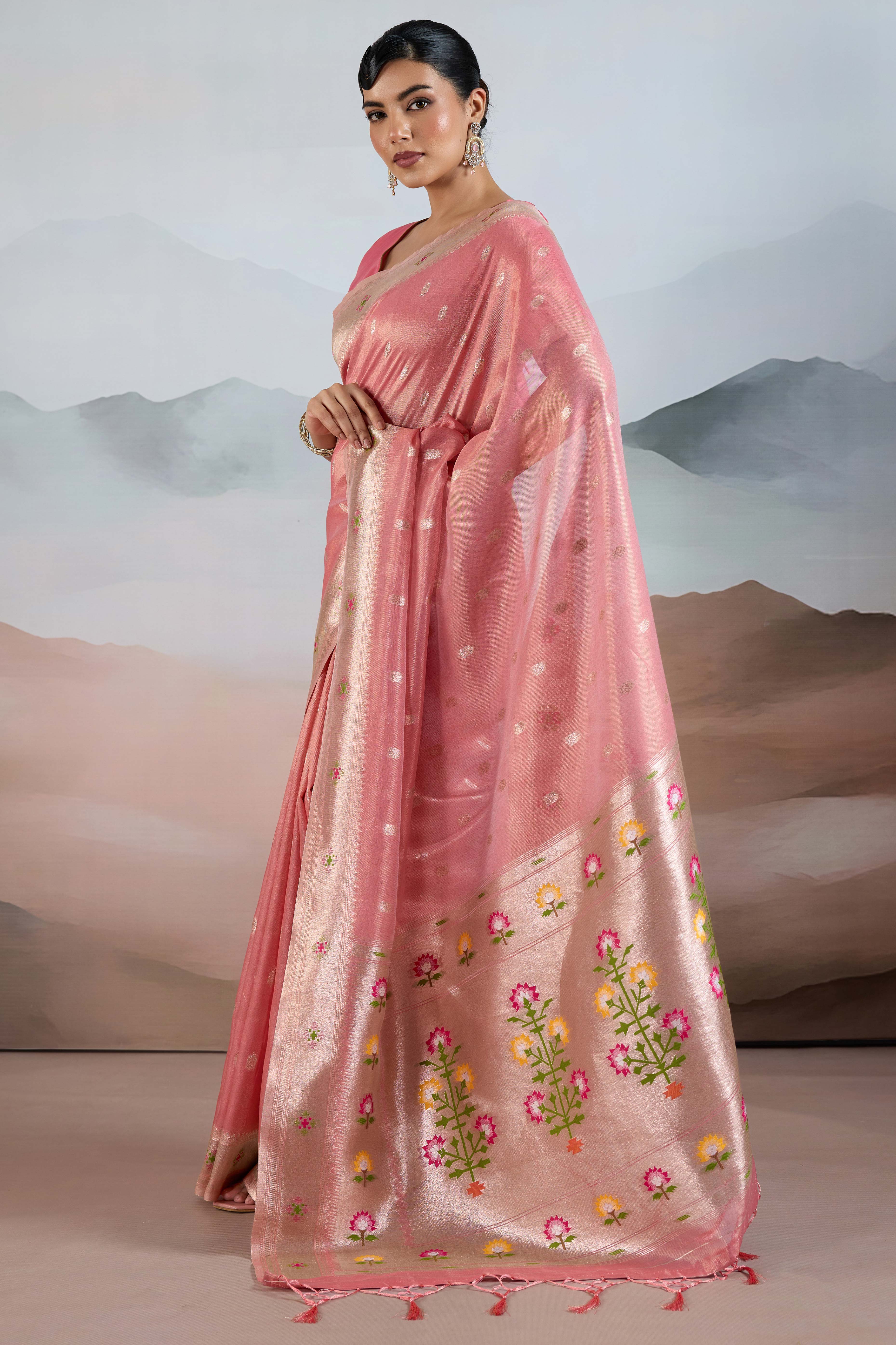 Pink Festive Tissue Saree Crafted with Artistic Zari Butti Weaving and a Featherlight Texture - Image 4
