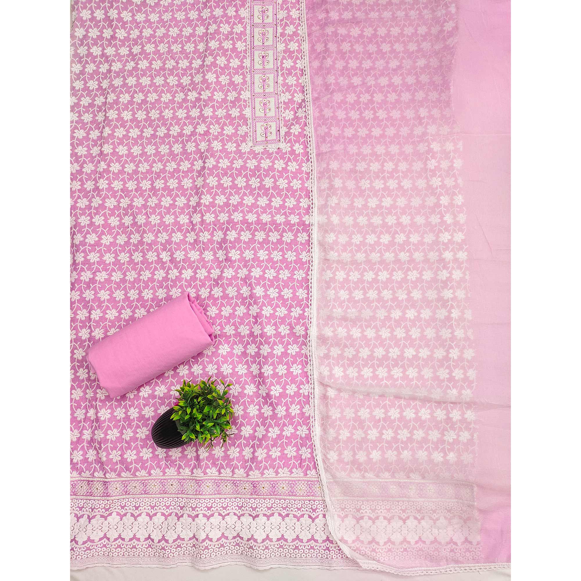 Pink Floral Chikankari Embroidered With Stone Work Dress Material In Premium Cotton Blend - Image 3
