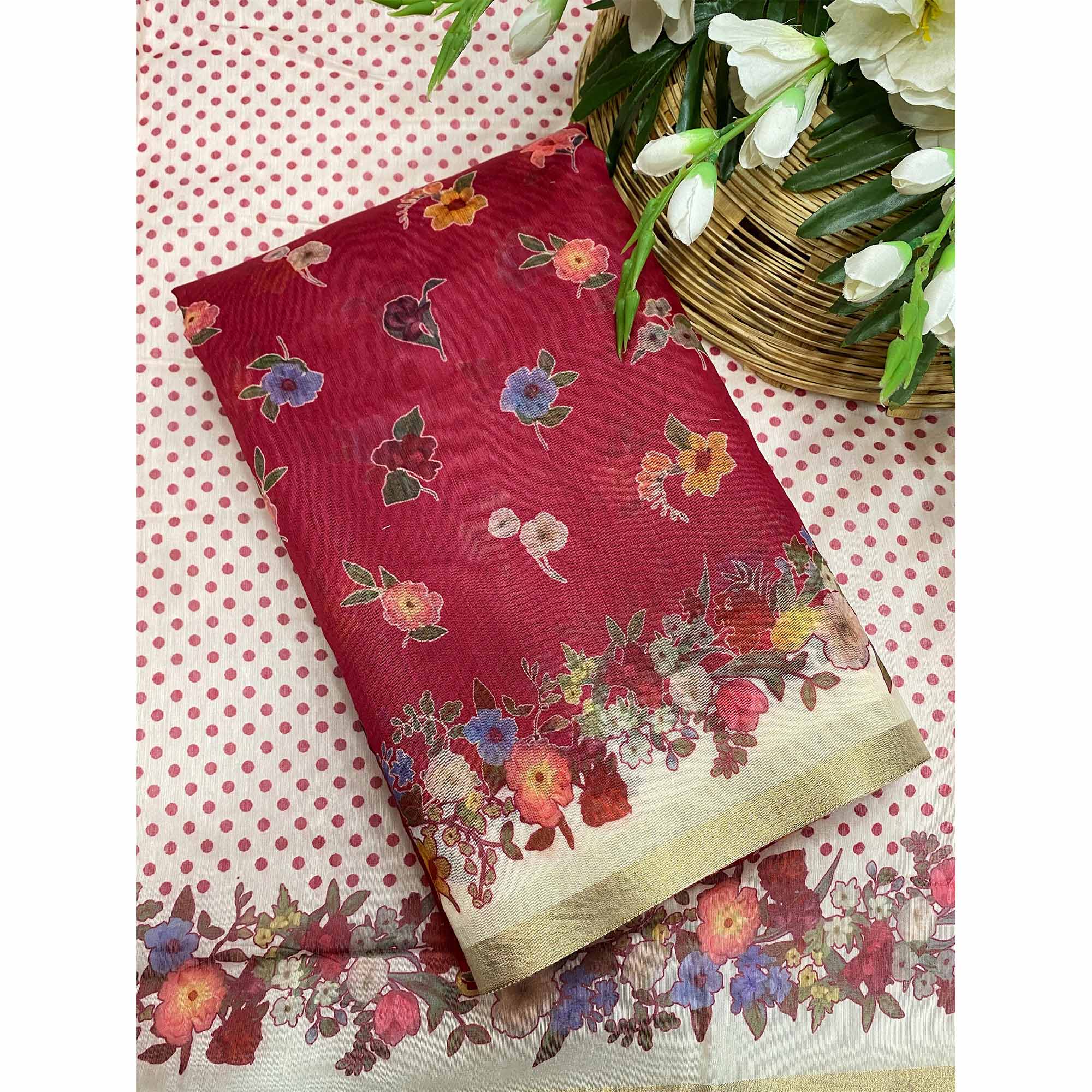 Pink Floral Digital Print Chanderi Cotton Saree Enhanced With Charming Zari Weaving Border - Image 3